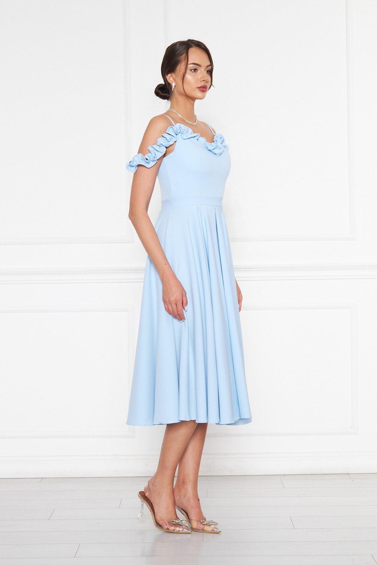 Midi Flared Pleated Ruffle-Detail Evening Dress - Baby Blue - Bidoluelbise