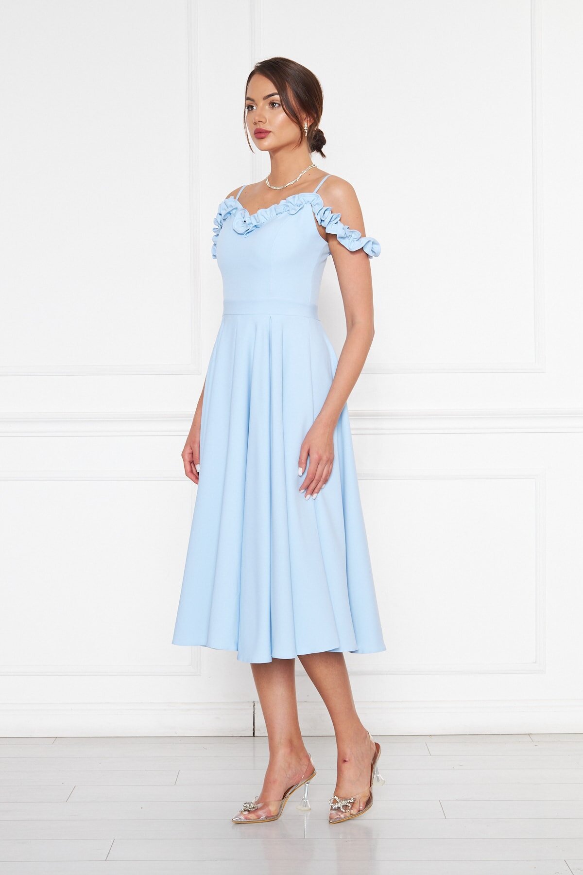 Midi Flared Pleated Ruffle-Detail Evening Dress - Baby Blue - Bidoluelbise