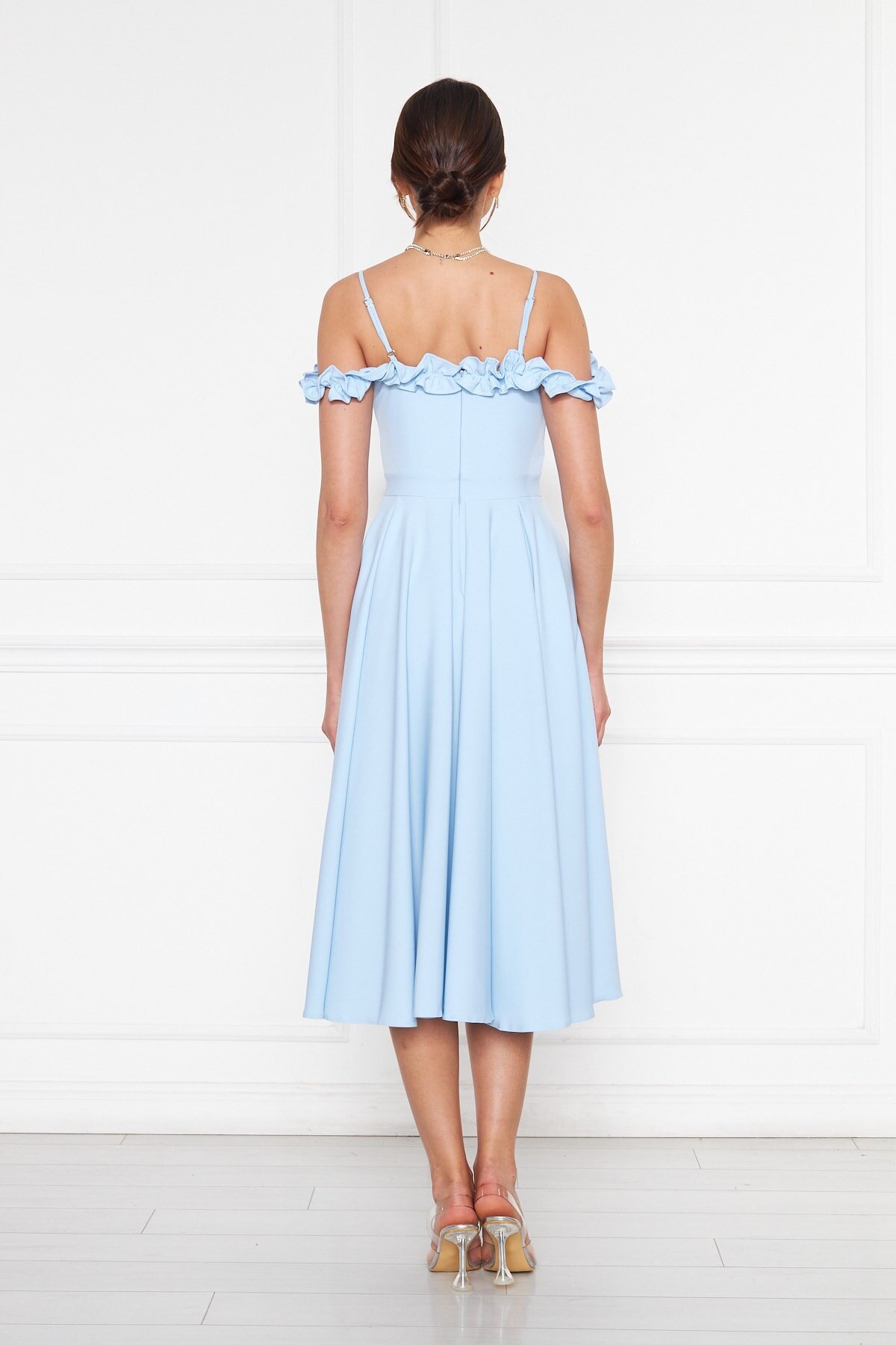 Midi Flared Pleated Ruffle-Detail Evening Dress - Baby Blue - Bidoluelbise