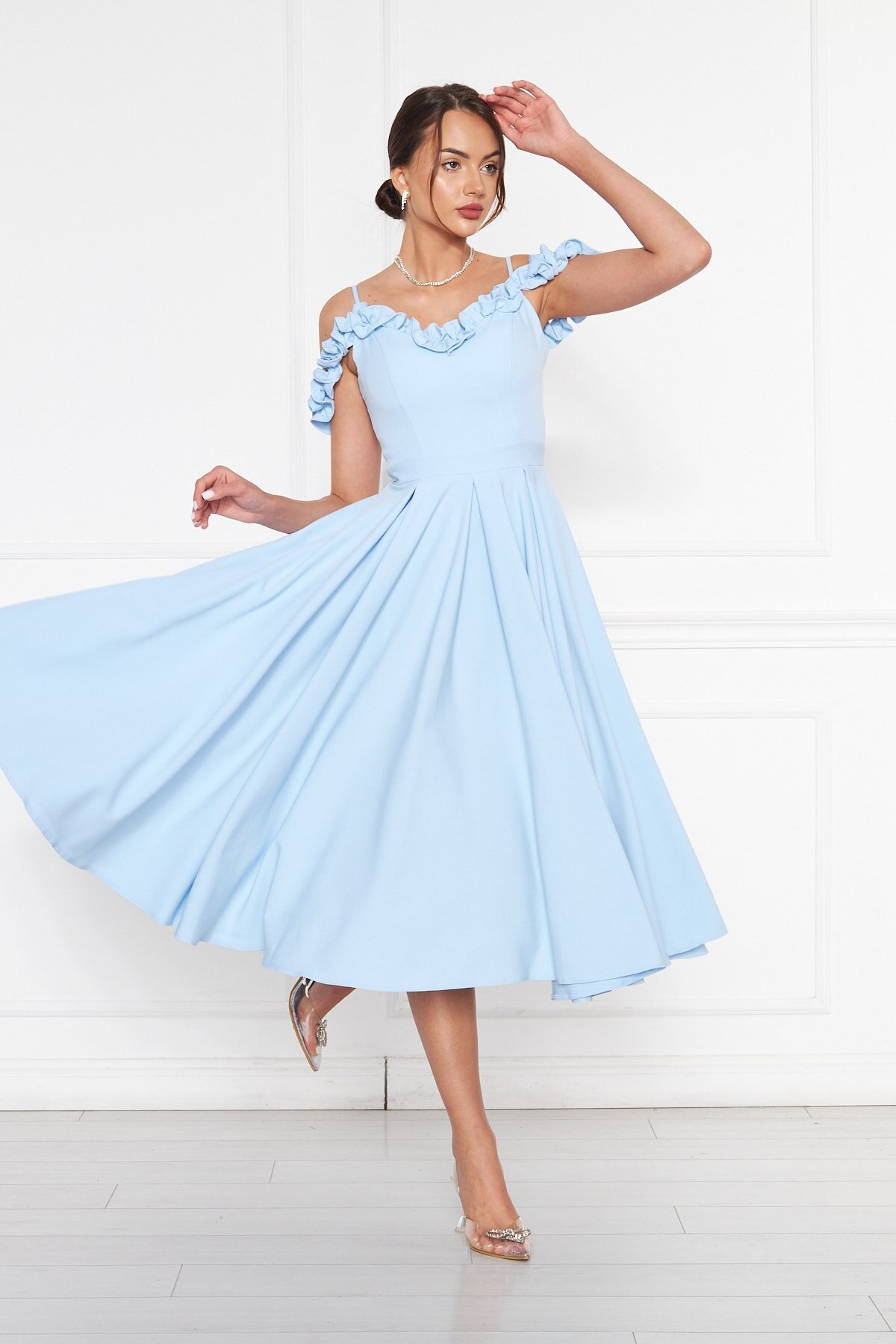 Midi Flared Pleated Ruffle-Detail Evening Dress - Baby Blue - Bidoluelbise