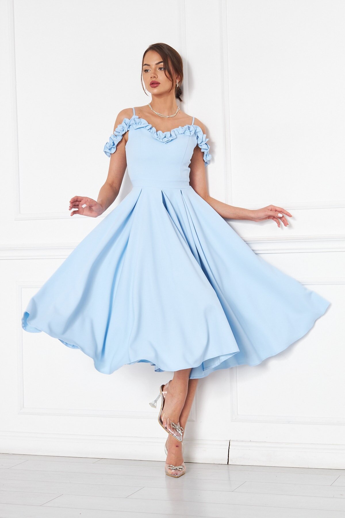 Midi Flared Pleated Ruffle-Detail Evening Dress - Baby Blue - Bidoluelbise