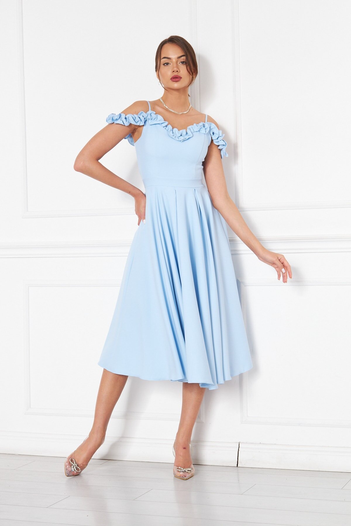 Midi Flared Pleated Ruffle-Detail Evening Dress - Baby Blue - Bidoluelbise