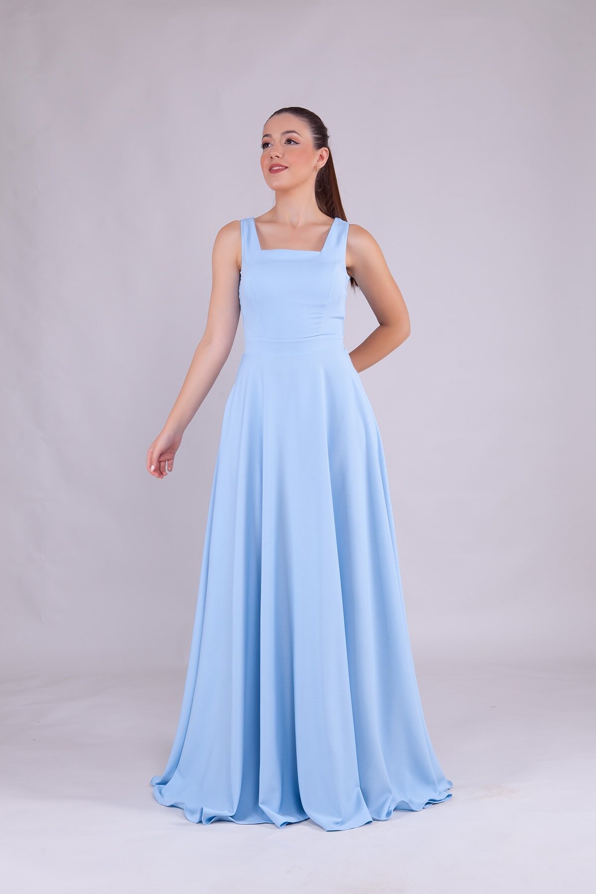 Bebe Mavi Uzun Kare Yaka Abiye Elbise - Bidoluelbise