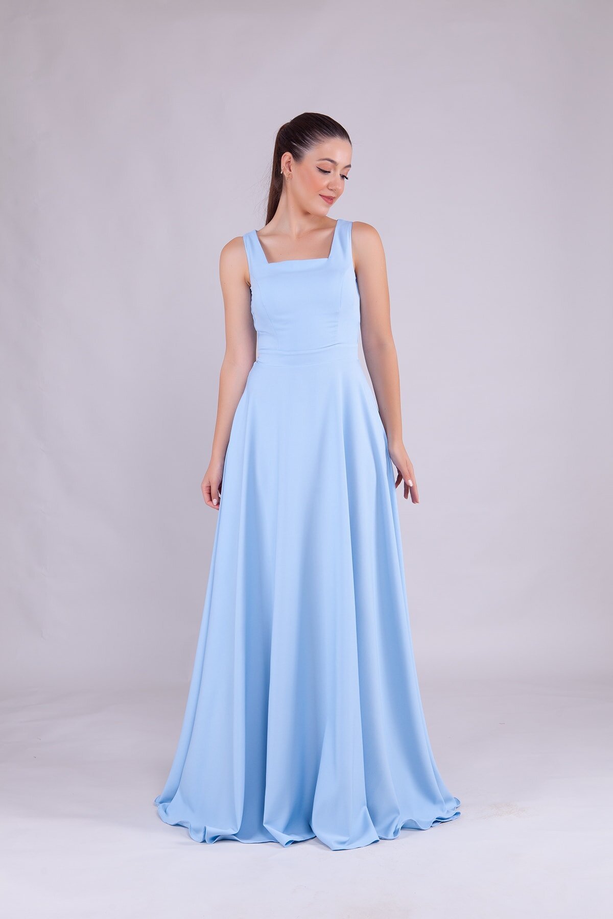Long Square Neck Evening Dress - Baby Blue - Bidoluelbise
