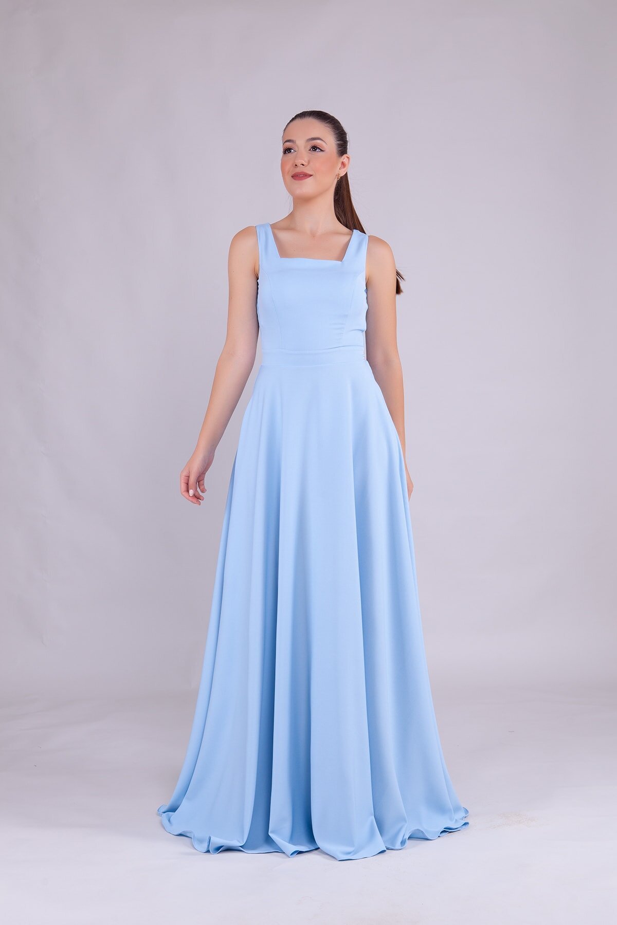 Long Square Neck Evening Dress - Baby Blue - Bidoluelbise
