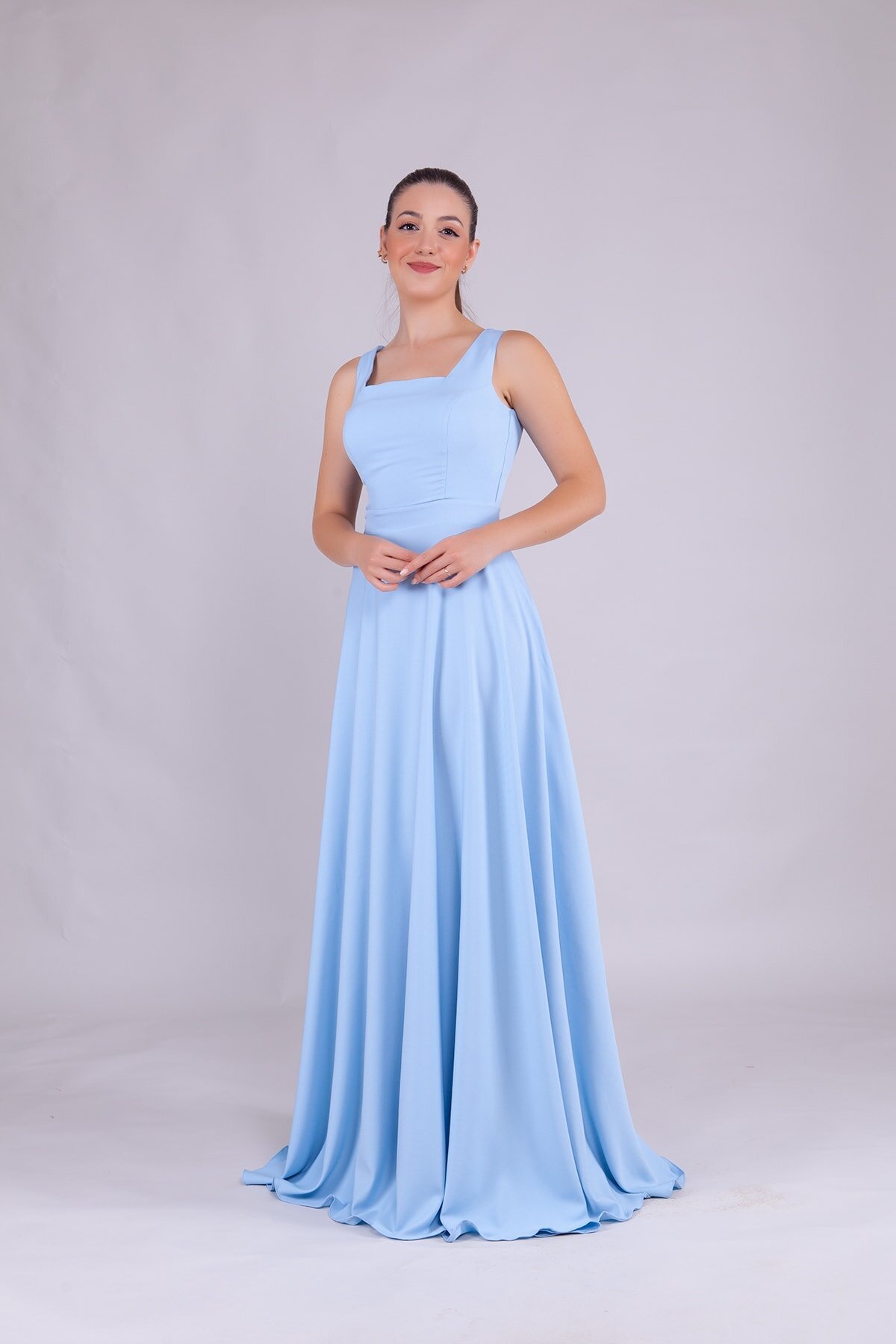 Long Square Neck Evening Dress - Baby Blue - Bidoluelbise