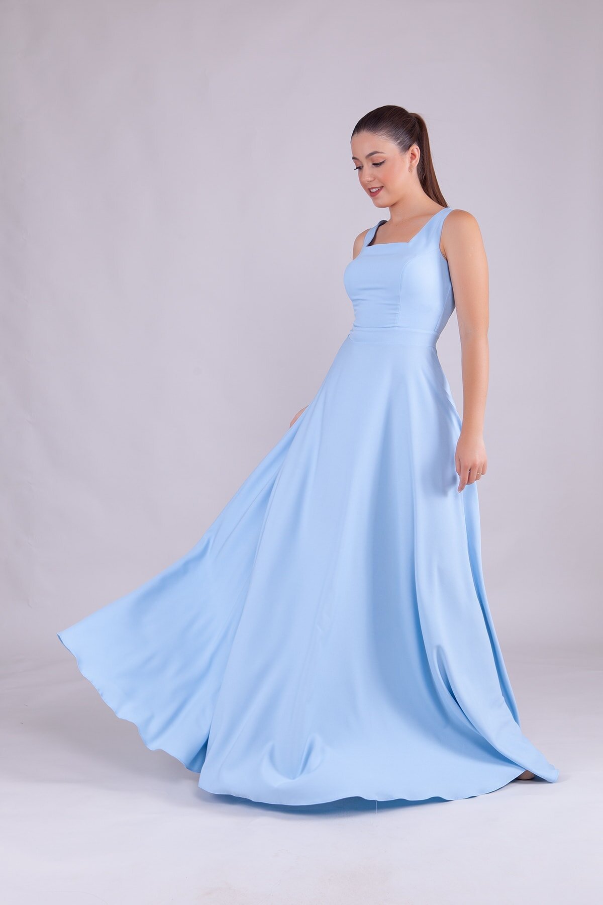 Long Square Neck Evening Dress - Baby Blue - Bidoluelbise