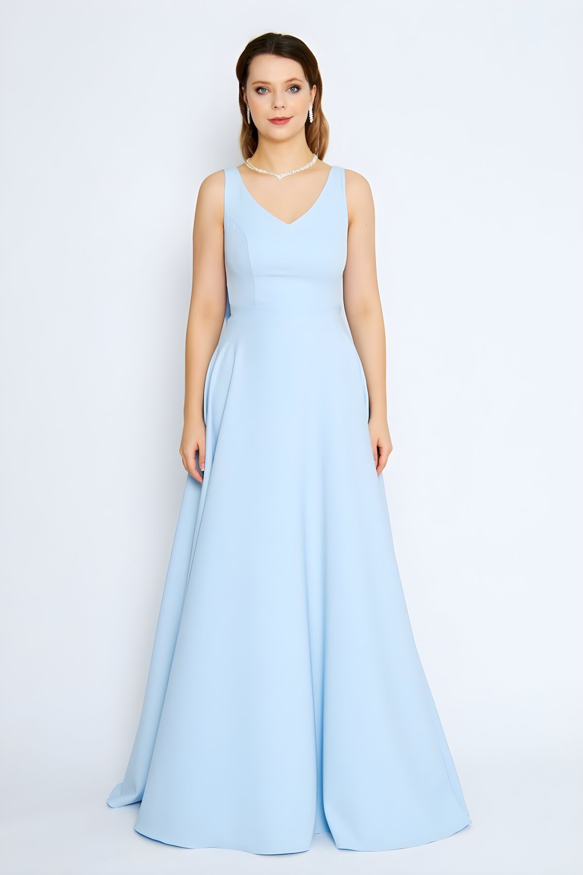 Long Flared V-Neck Evening Dress with Back Bow Detail - Baby Blue - Bidoluelbise