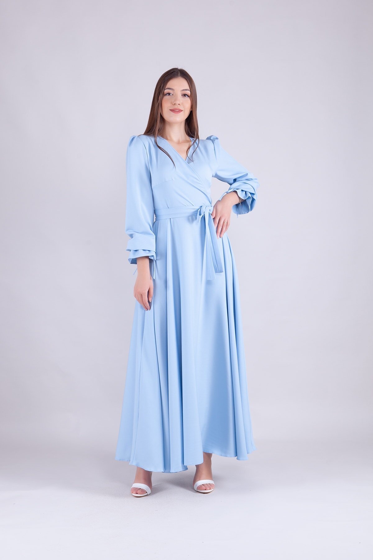 فستان ياقة كروازيه أكمام طويلة أزرق بيبي - Bidoluelbise