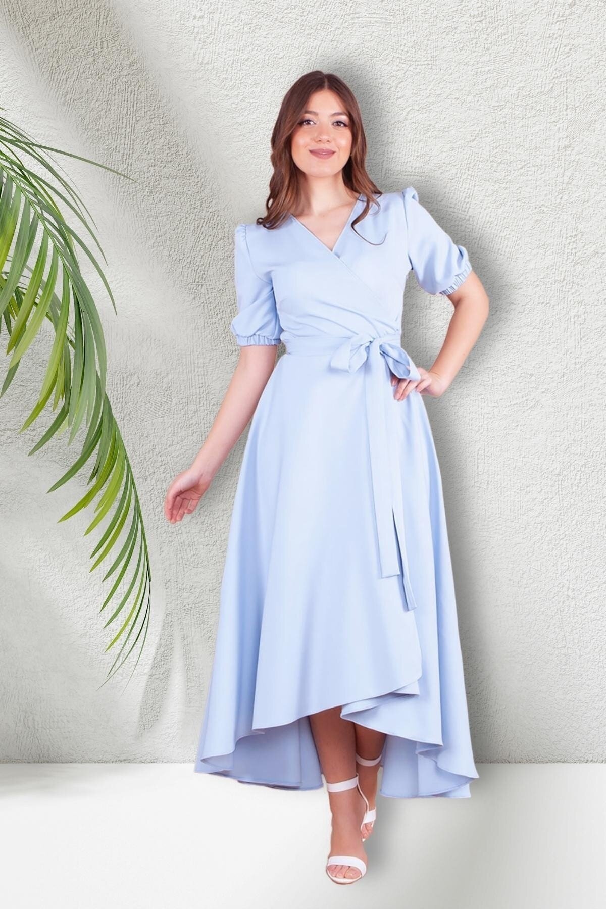 Midi Asymmetric Cut Crossover Neck Short Sleeve Evening Dress - Baby Blue - Bidoluelbise