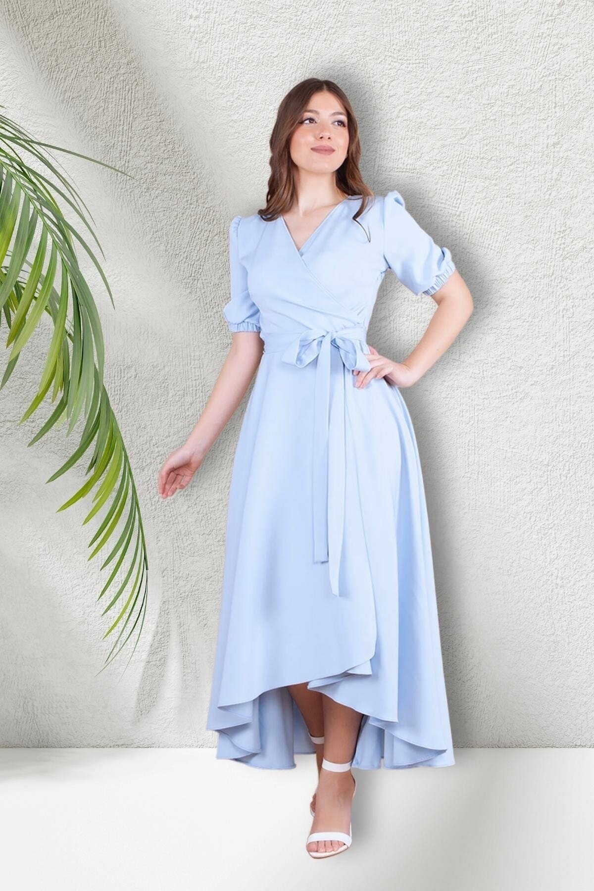 Midi Asymmetric Cut Crossover Neck Short Sleeve Evening Dress - Baby Blue - Bidoluelbise
