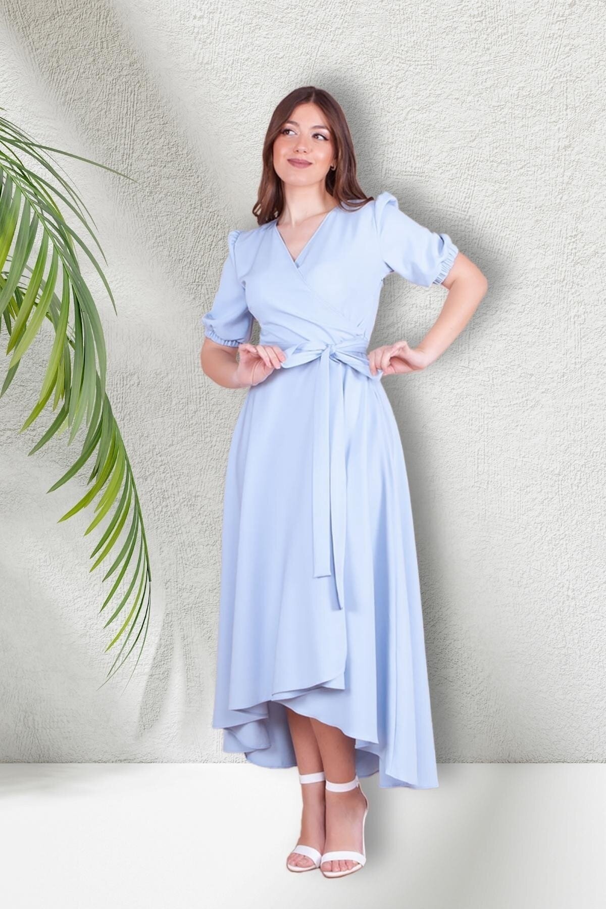 Midi Asymmetric Cut Crossover Neck Short Sleeve Evening Dress - Baby Blue - Bidoluelbise