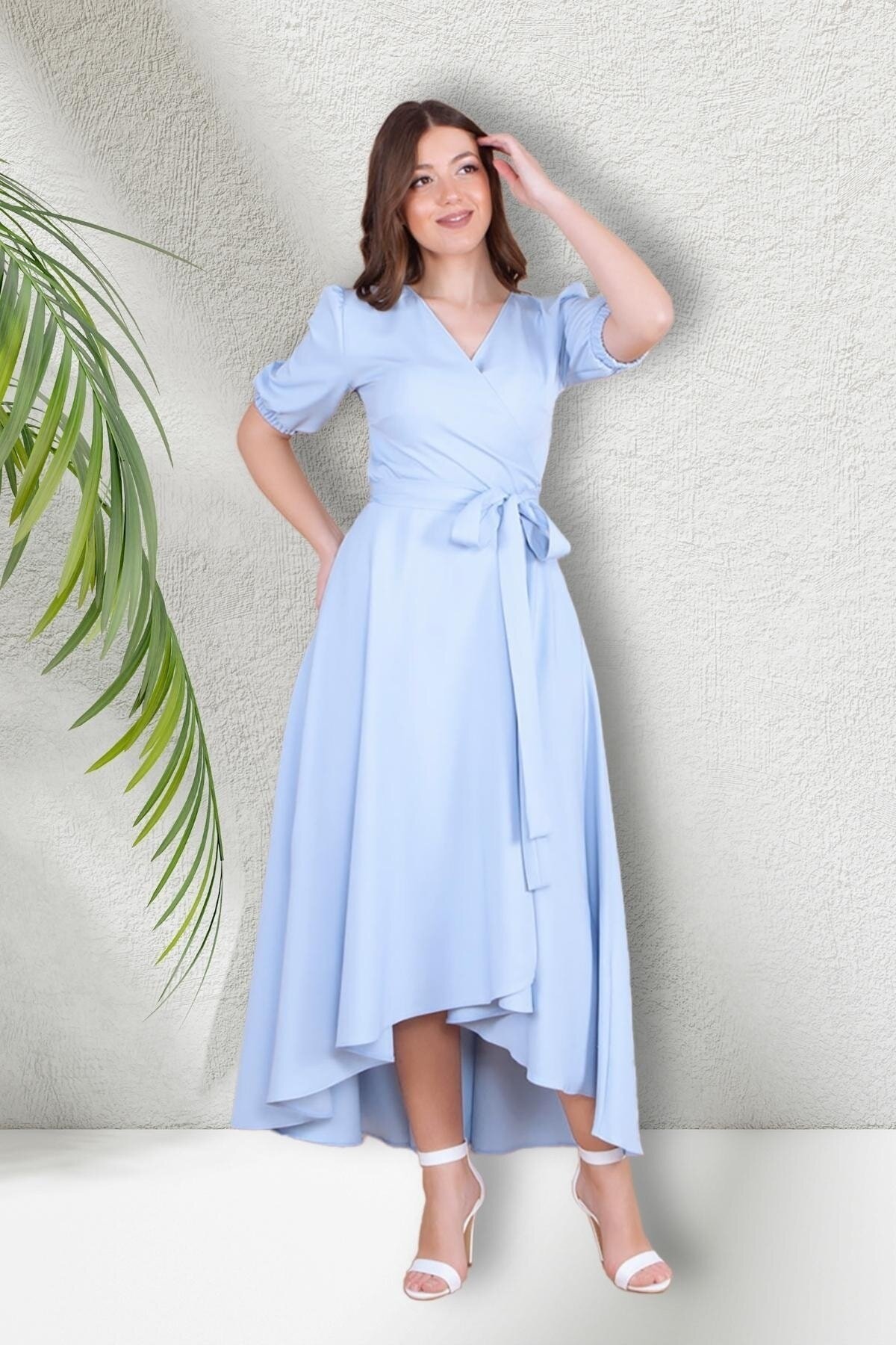 Midi Asymmetric Cut Crossover Neck Short Sleeve Evening Dress - Baby Blue - Bidoluelbise