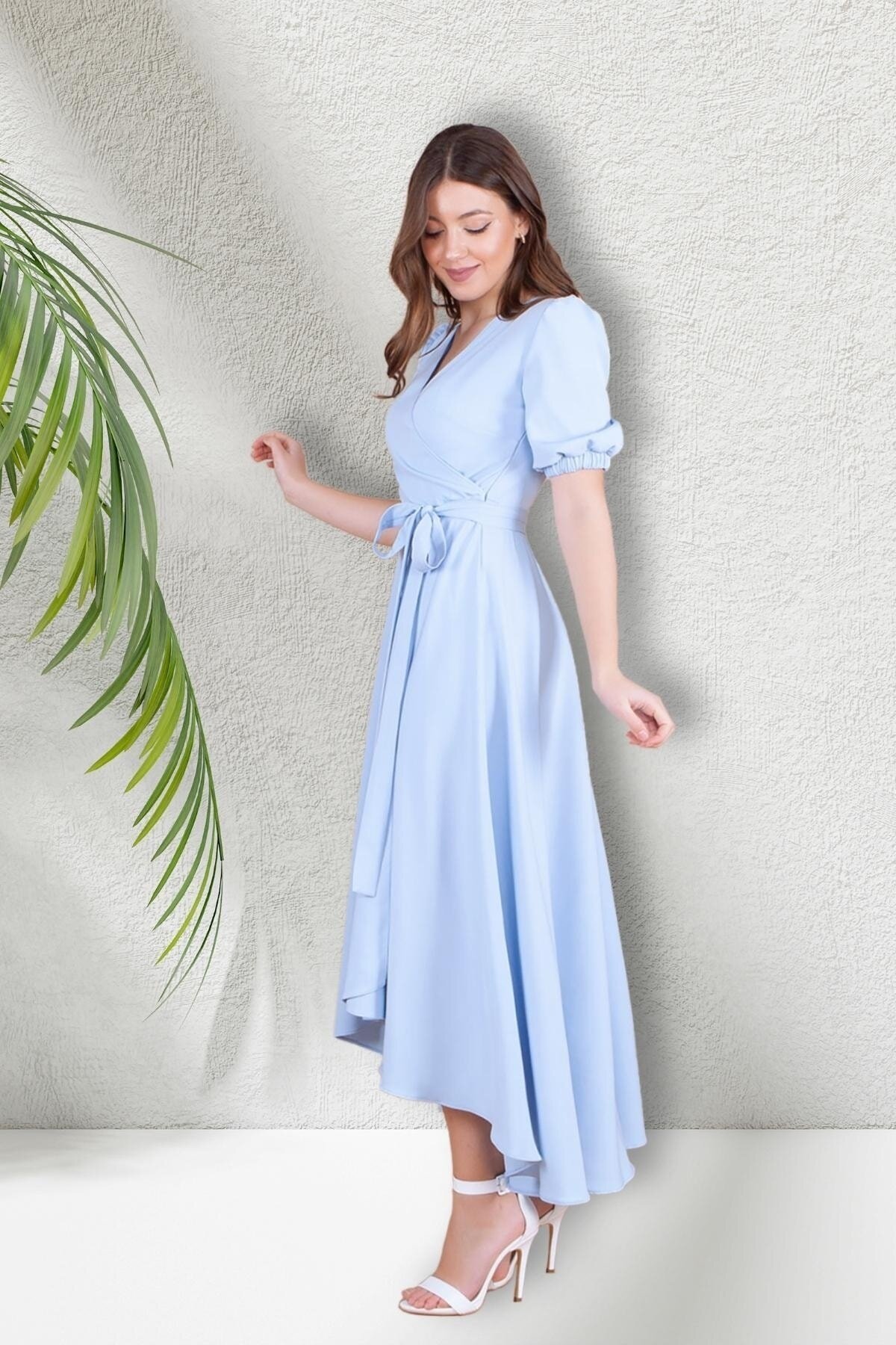 Midi Asymmetric Cut Crossover Neck Short Sleeve Evening Dress - Baby Blue - Bidoluelbise