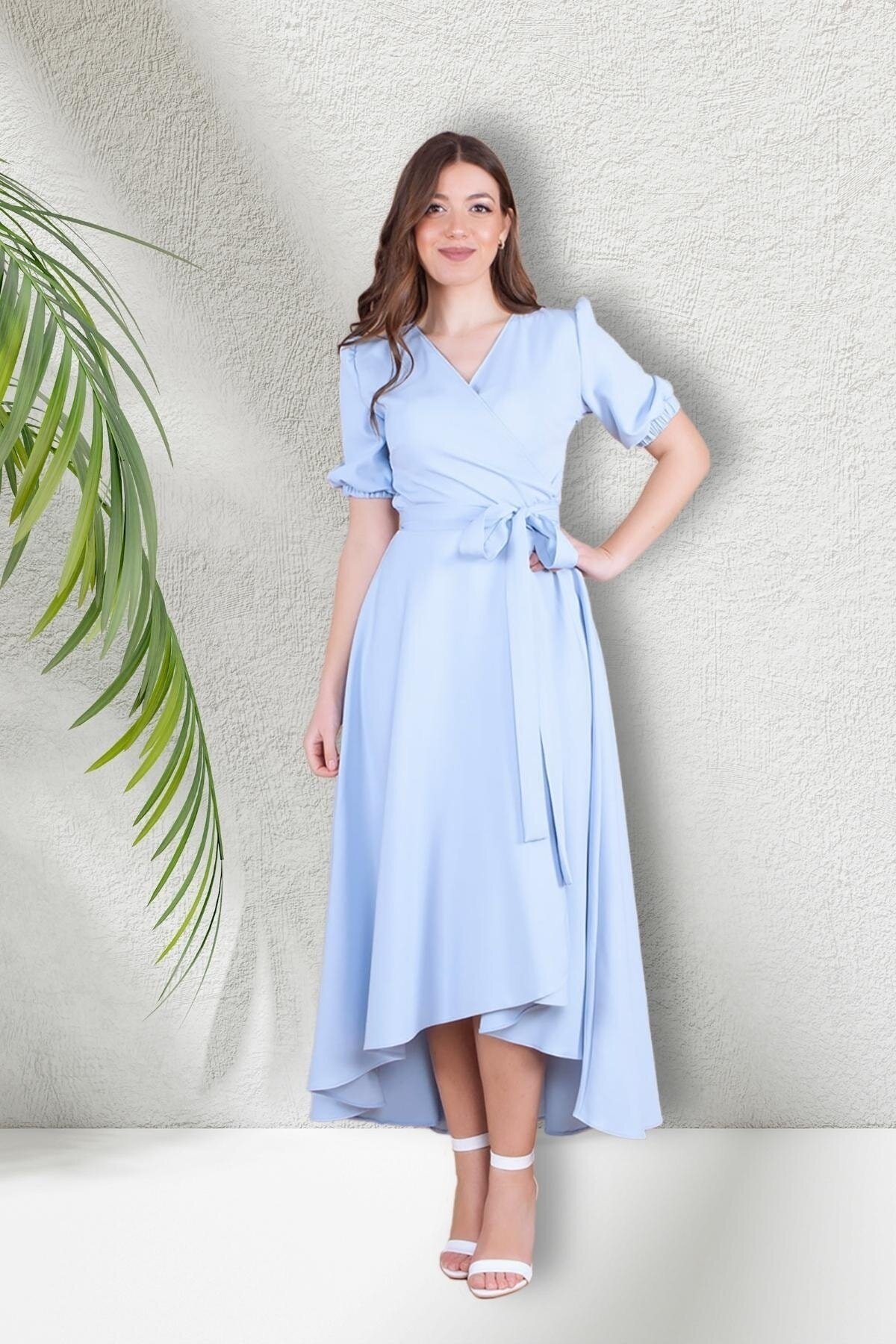 Midi Asymmetric Cut Crossover Neck Short Sleeve Evening Dress - Baby Blue - Bidoluelbise
