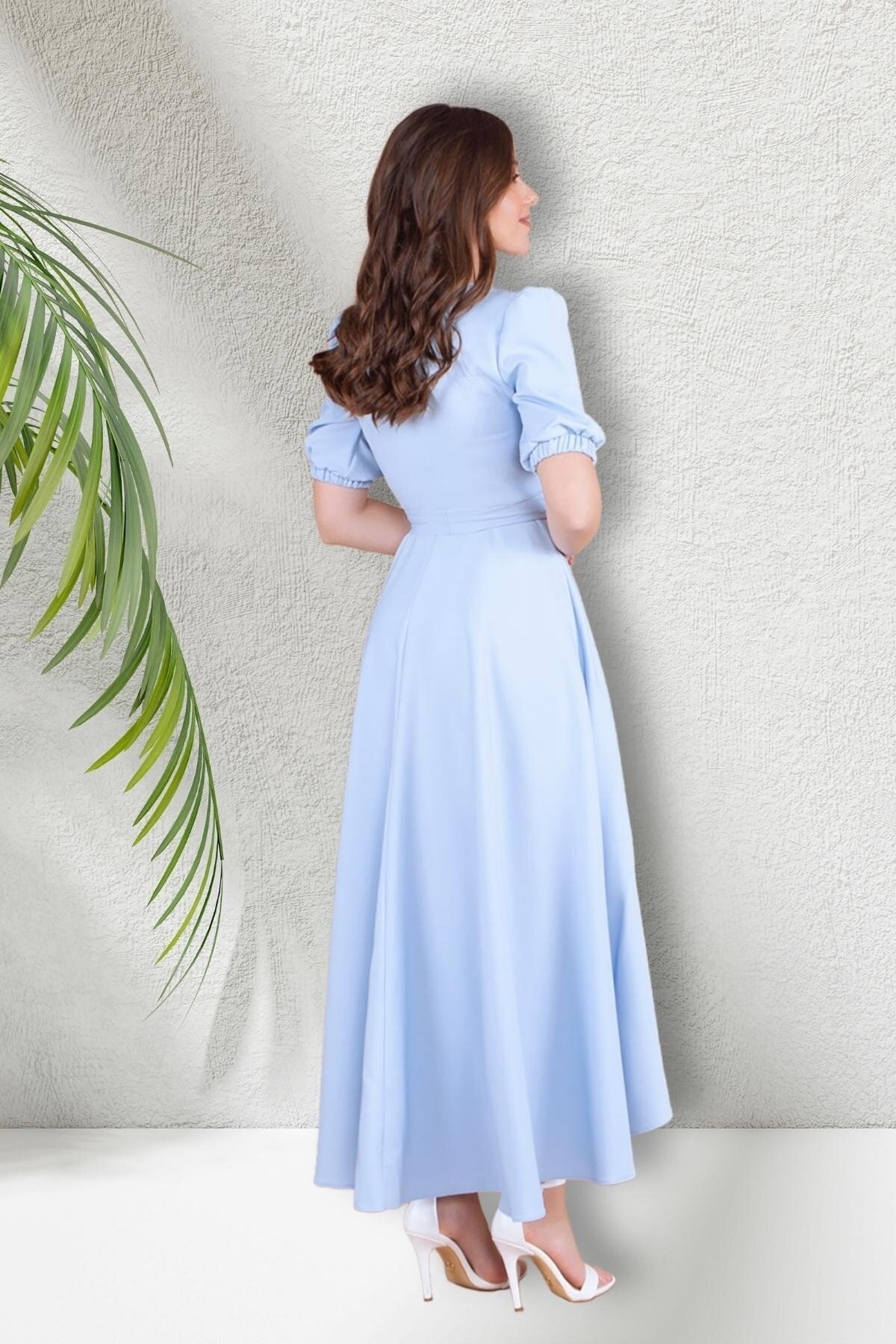 Midi Asymmetric Cut Crossover Neck Short Sleeve Evening Dress - Baby Blue - Bidoluelbise