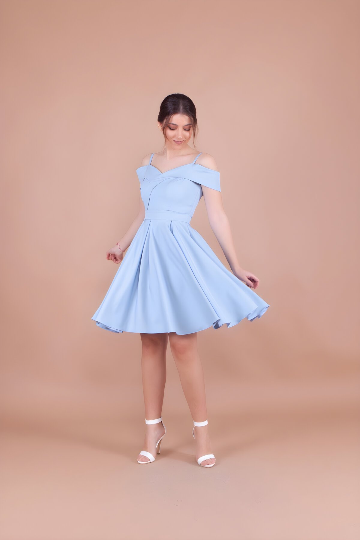 Mini Pleated Strappy Off-Shoulder Evening Dress - Baby Blue - Bidoluelbise