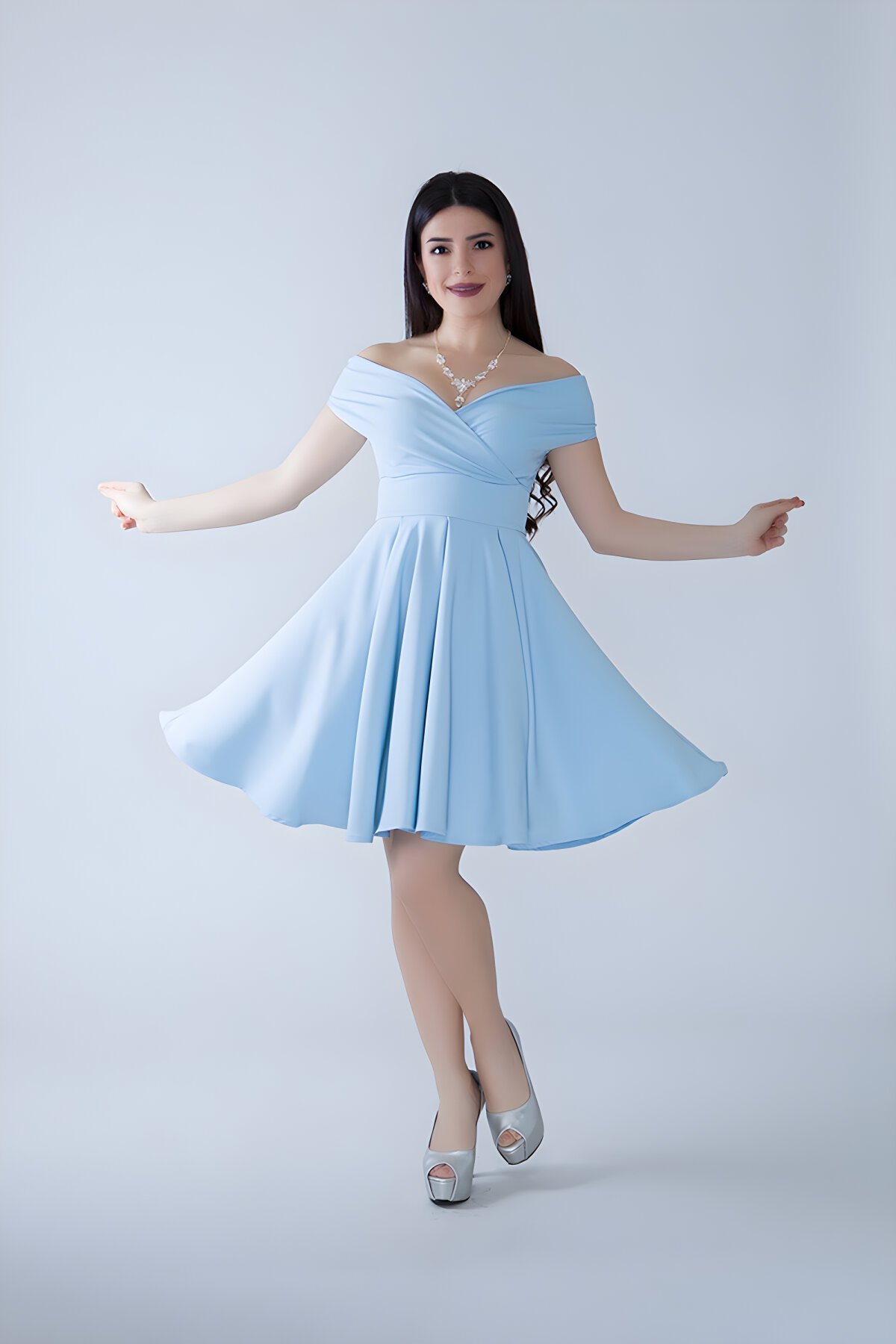 Mini Flared Pleated Boat Neck Evening Dress - Baby Blue - Bidoluelbise