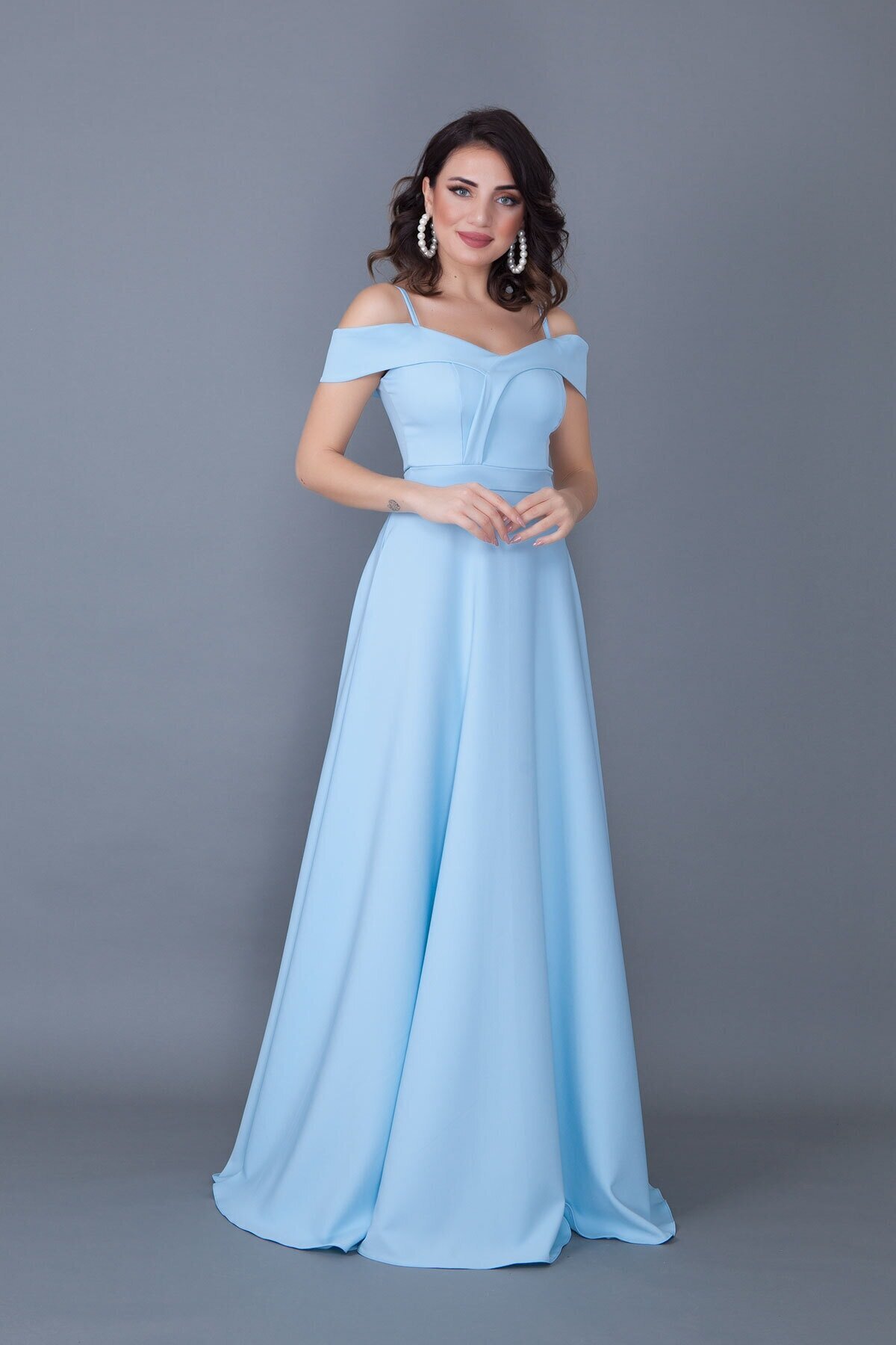 Long Flared Strappy Off-Shoulder Engagement Dress - Baby Blue - Bidoluelbise