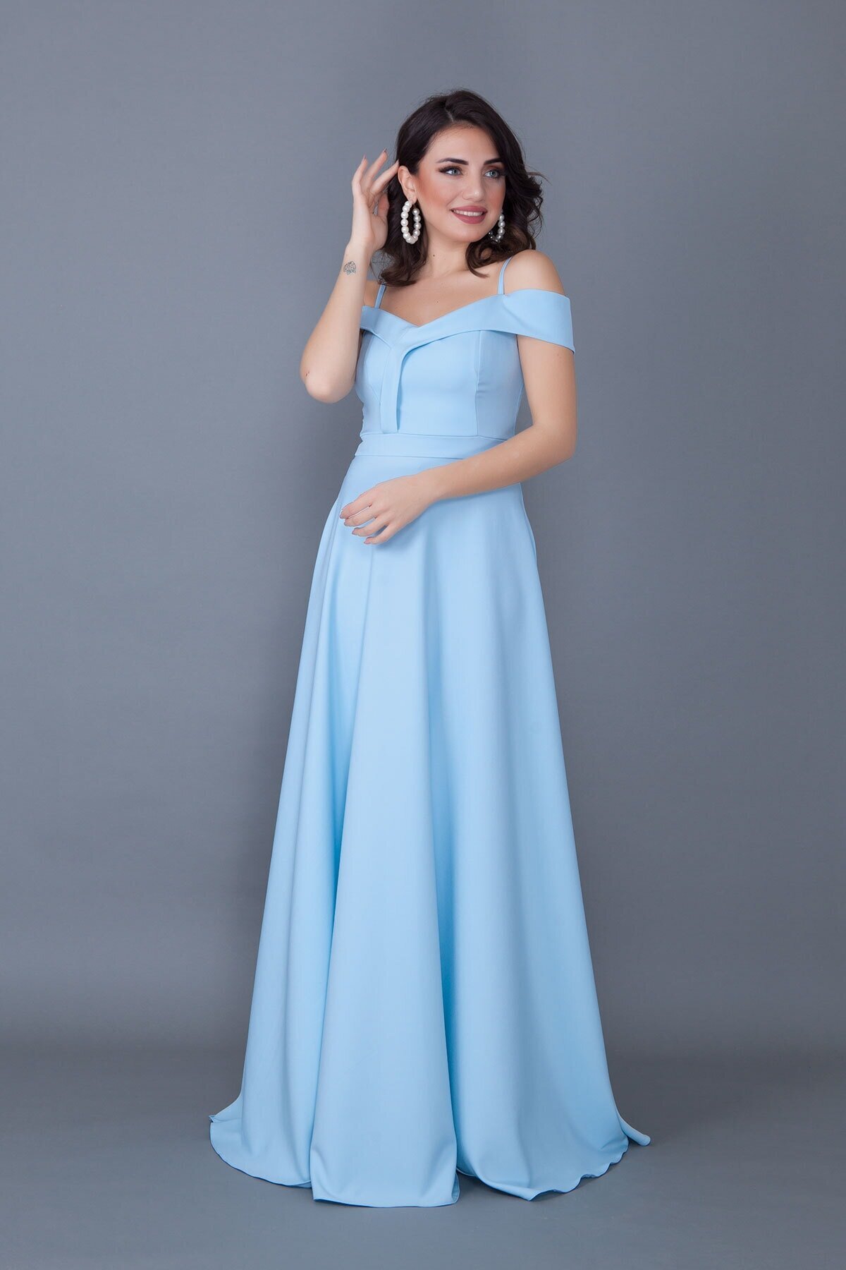 Long Flared Strappy Off-Shoulder Engagement Dress - Baby Blue - Bidoluelbise