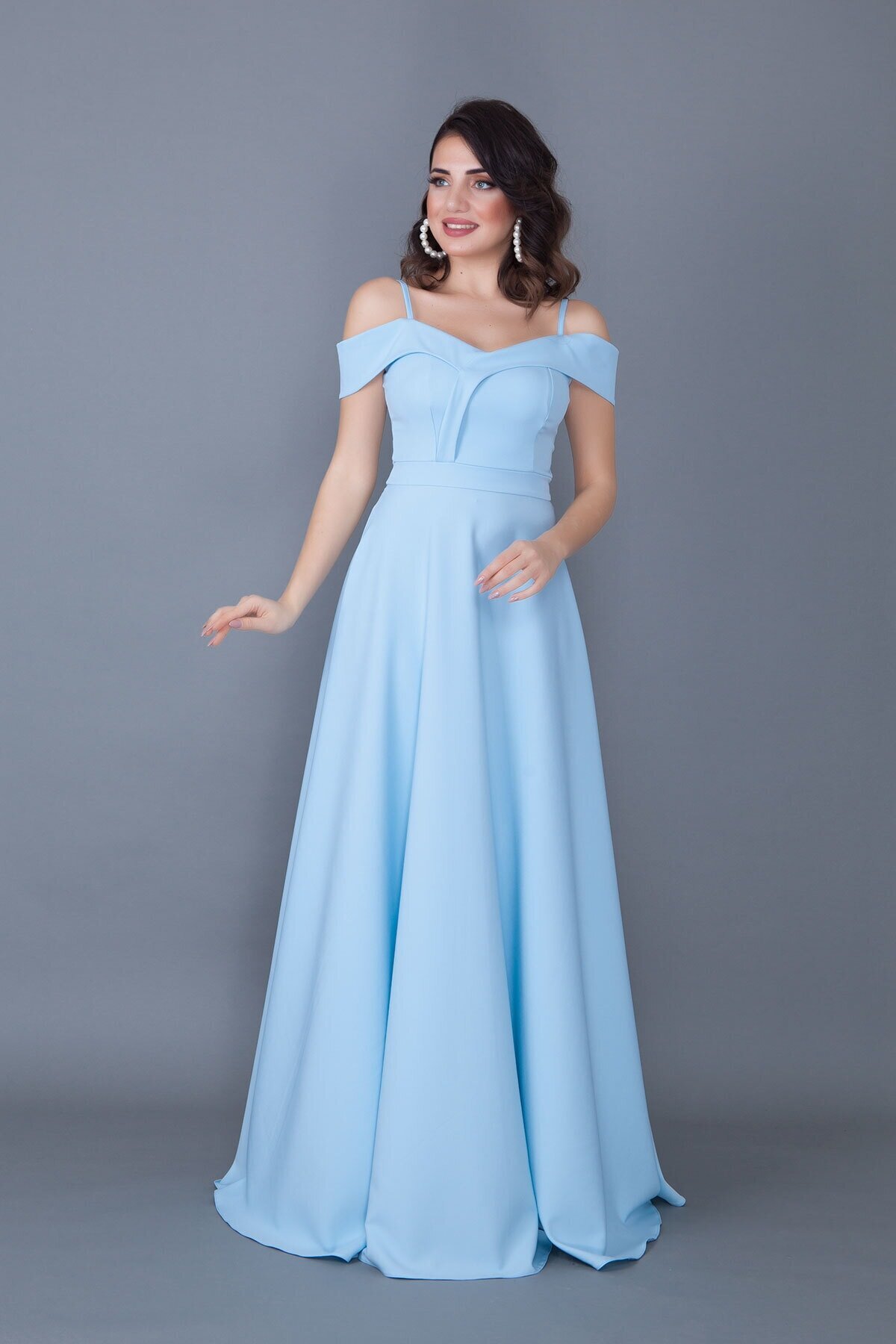 Long Flared Strappy Off-Shoulder Engagement Dress - Baby Blue - Bidoluelbise