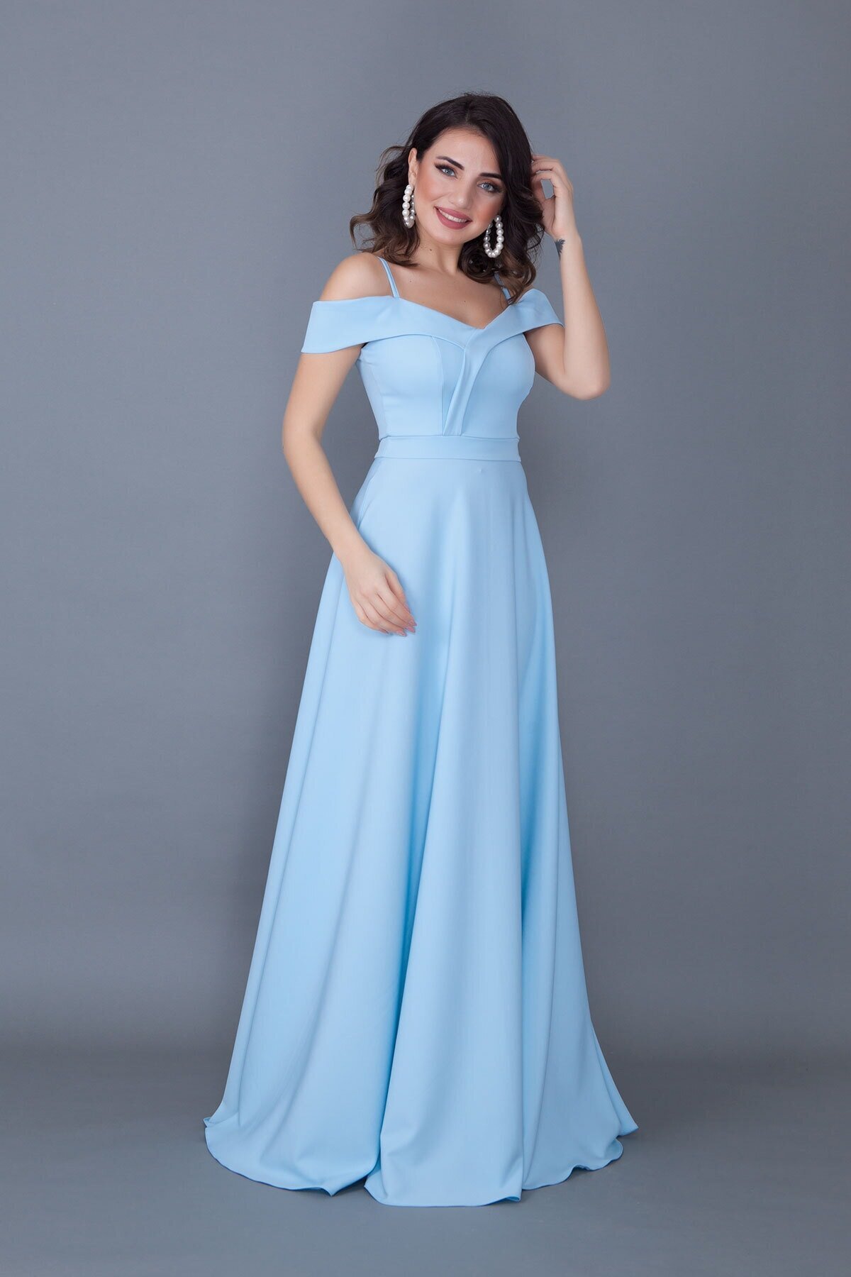 Long Flared Strappy Off-Shoulder Engagement Dress - Baby Blue - Bidoluelbise