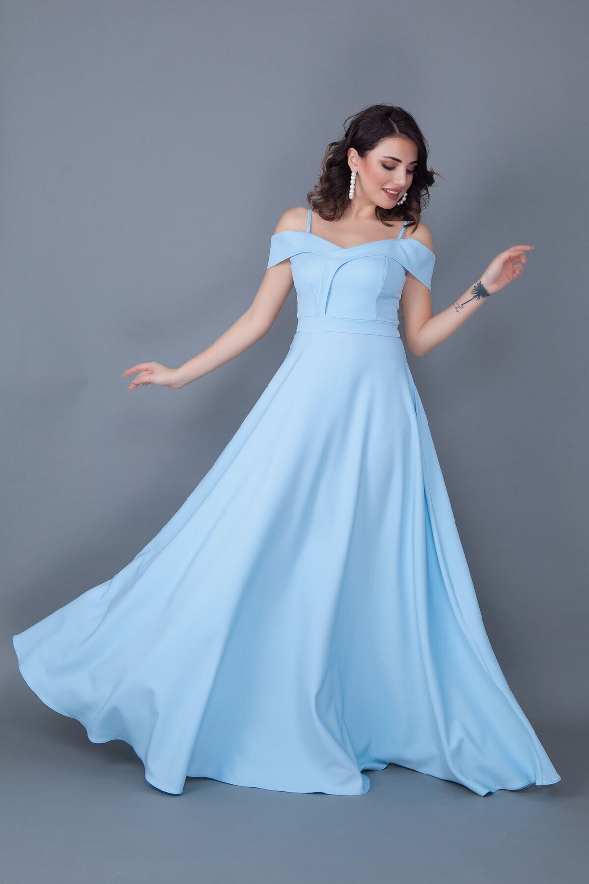 Long Flared Strappy Off-Shoulder Engagement Dress - Baby Blue - Bidoluelbise