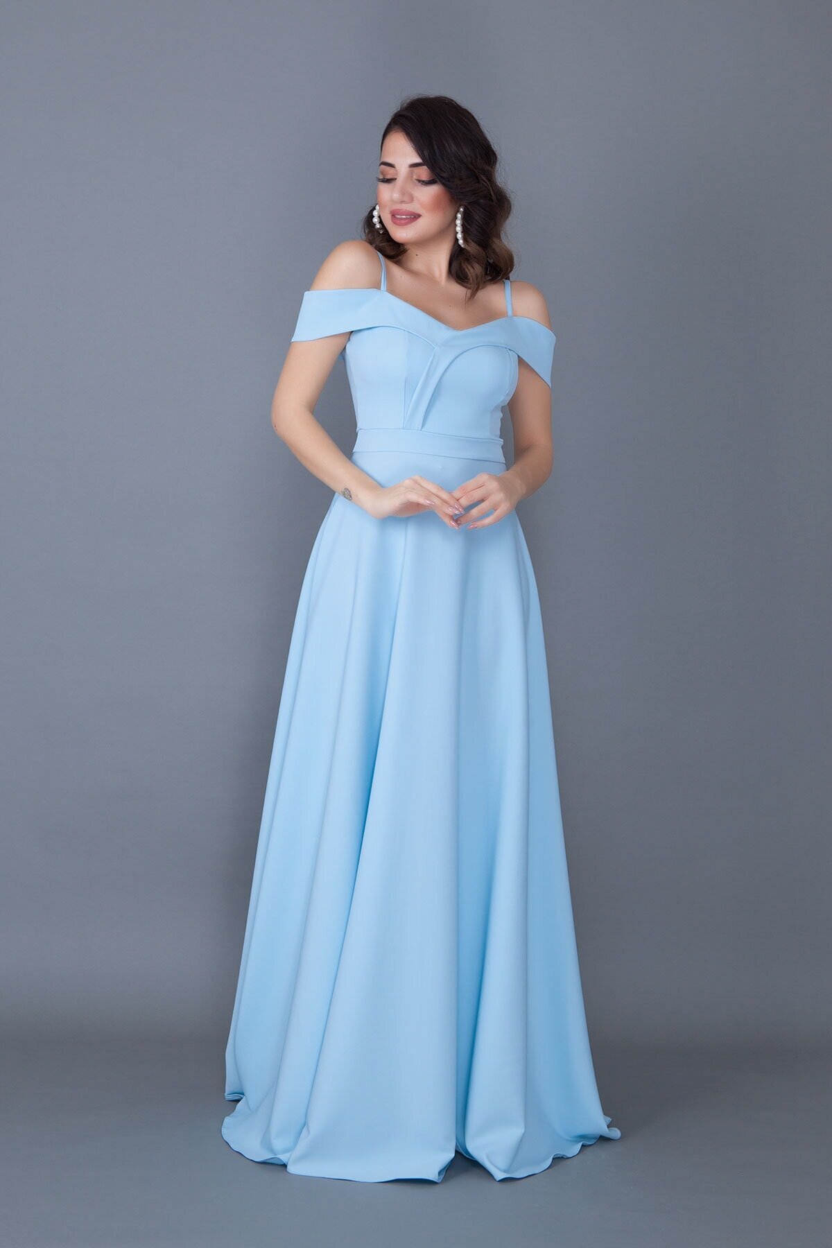 Long Flared Strappy Off-Shoulder Engagement Dress - Baby Blue - Bidoluelbise