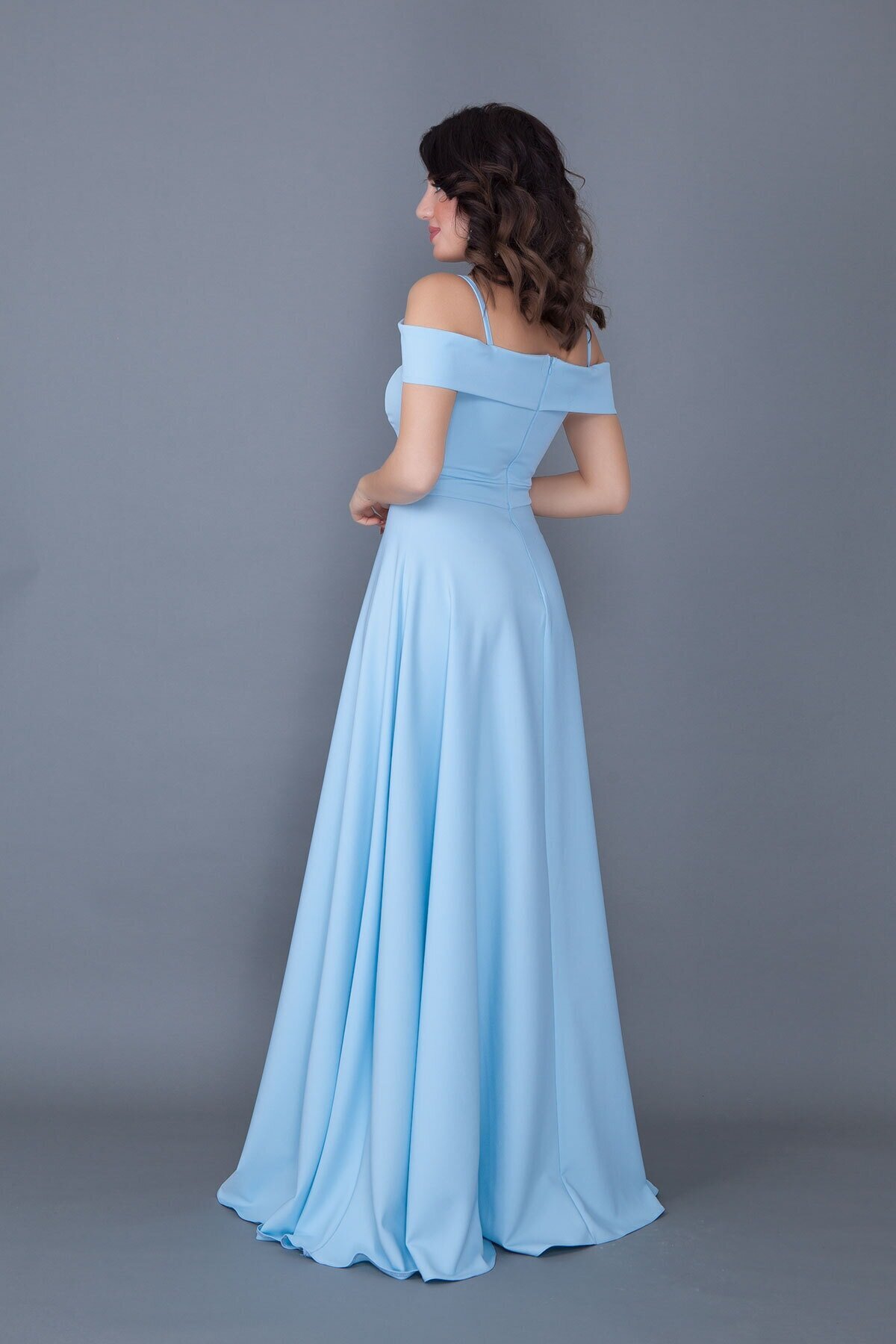 Long Flared Strappy Off-Shoulder Engagement Dress - Baby Blue - Bidoluelbise