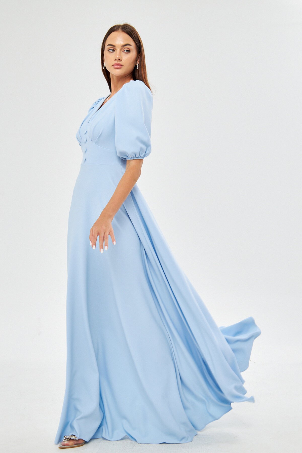 Long V-Neck Balloon Sleeve Corsage Belt Detail Bust Pleated Evening Dress - Baby Blue - Bidoluelbise