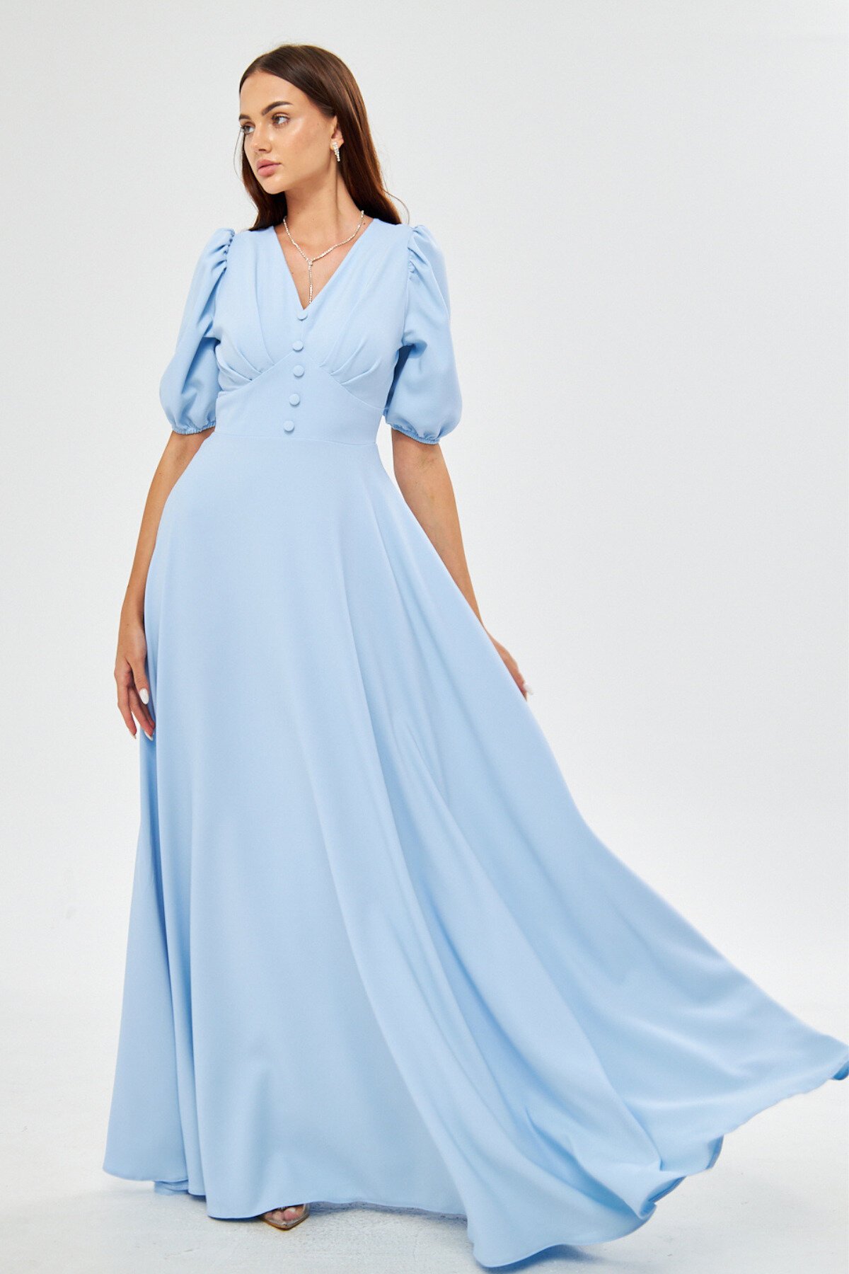 Bebe Mavisi Uzun Balon Kol V Yaka Korsaj Kemer Detay Süs Düğmeli Göğüs Pileli Abiye Elbise - Bidoluelbise