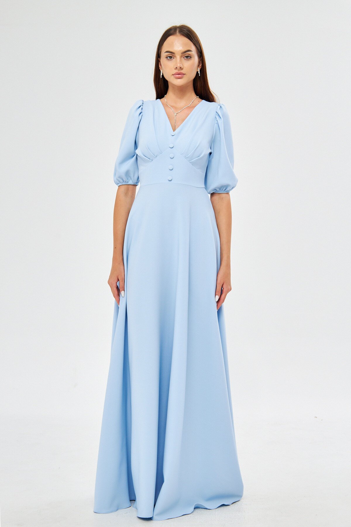 Long V-Neck Balloon Sleeve Corsage Belt Detail Bust Pleated Evening Dress - Baby Blue - Bidoluelbise