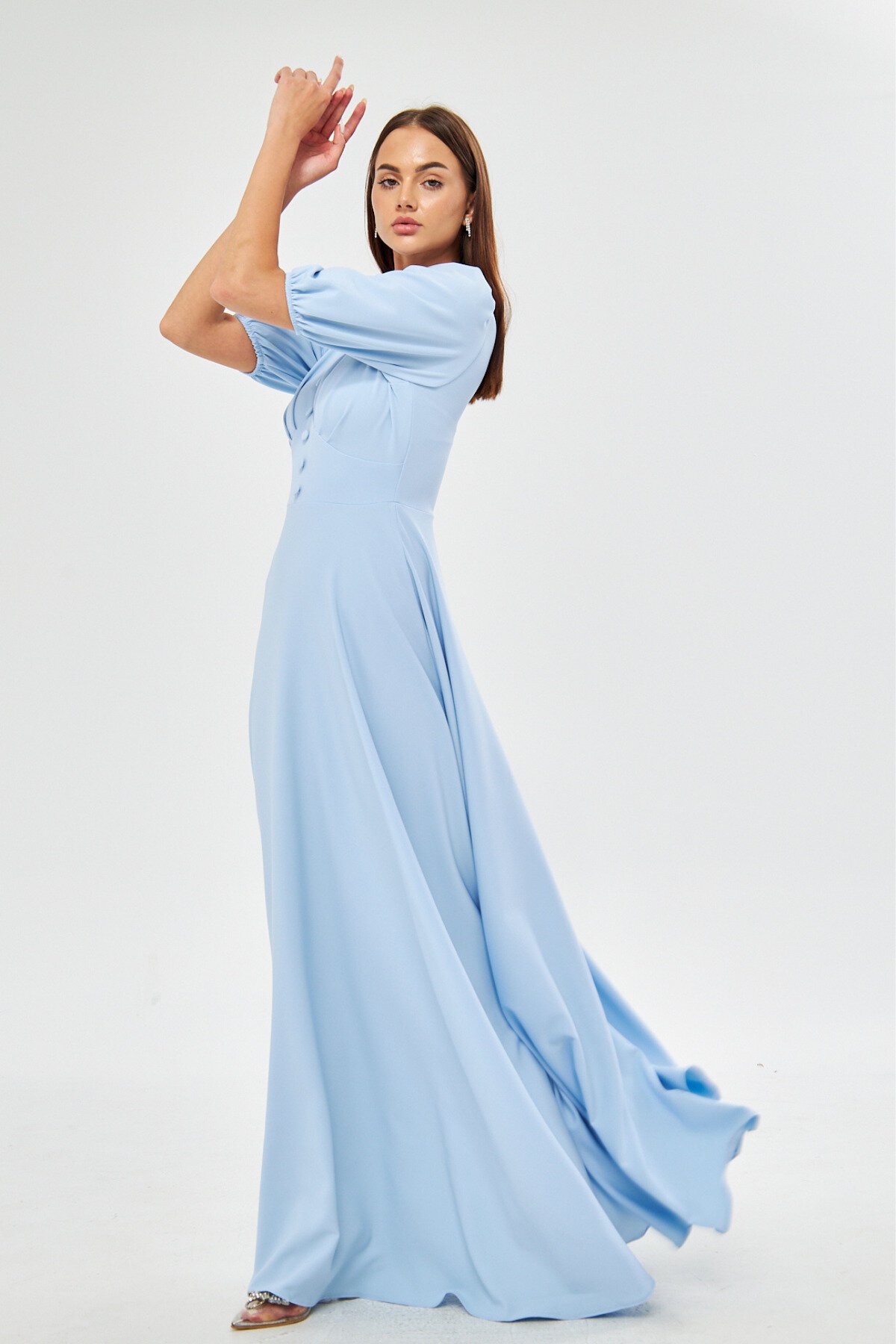 Long V-Neck Balloon Sleeve Corsage Belt Detail Bust Pleated Evening Dress - Baby Blue - Bidoluelbise