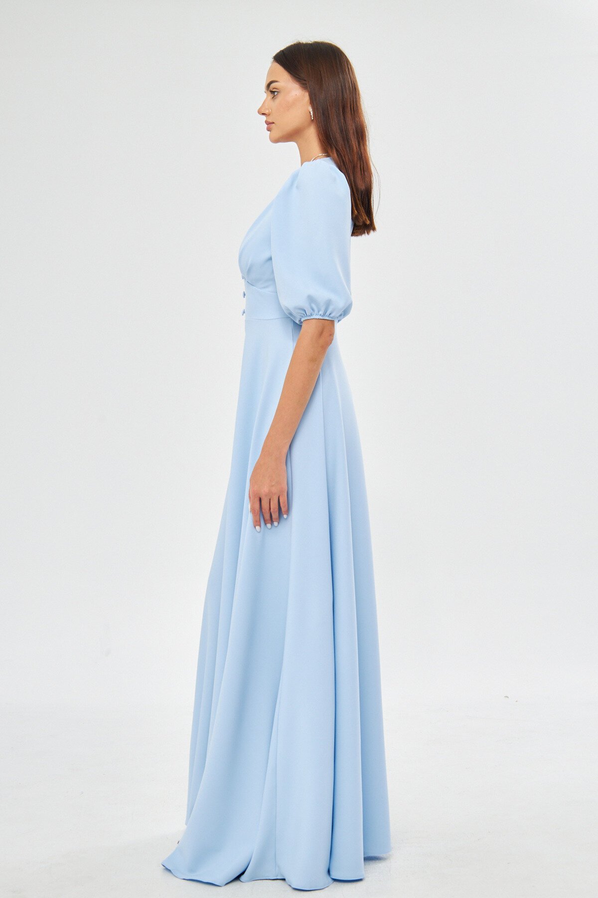 Long V-Neck Balloon Sleeve Corsage Belt Detail Bust Pleated Evening Dress - Baby Blue - Bidoluelbise