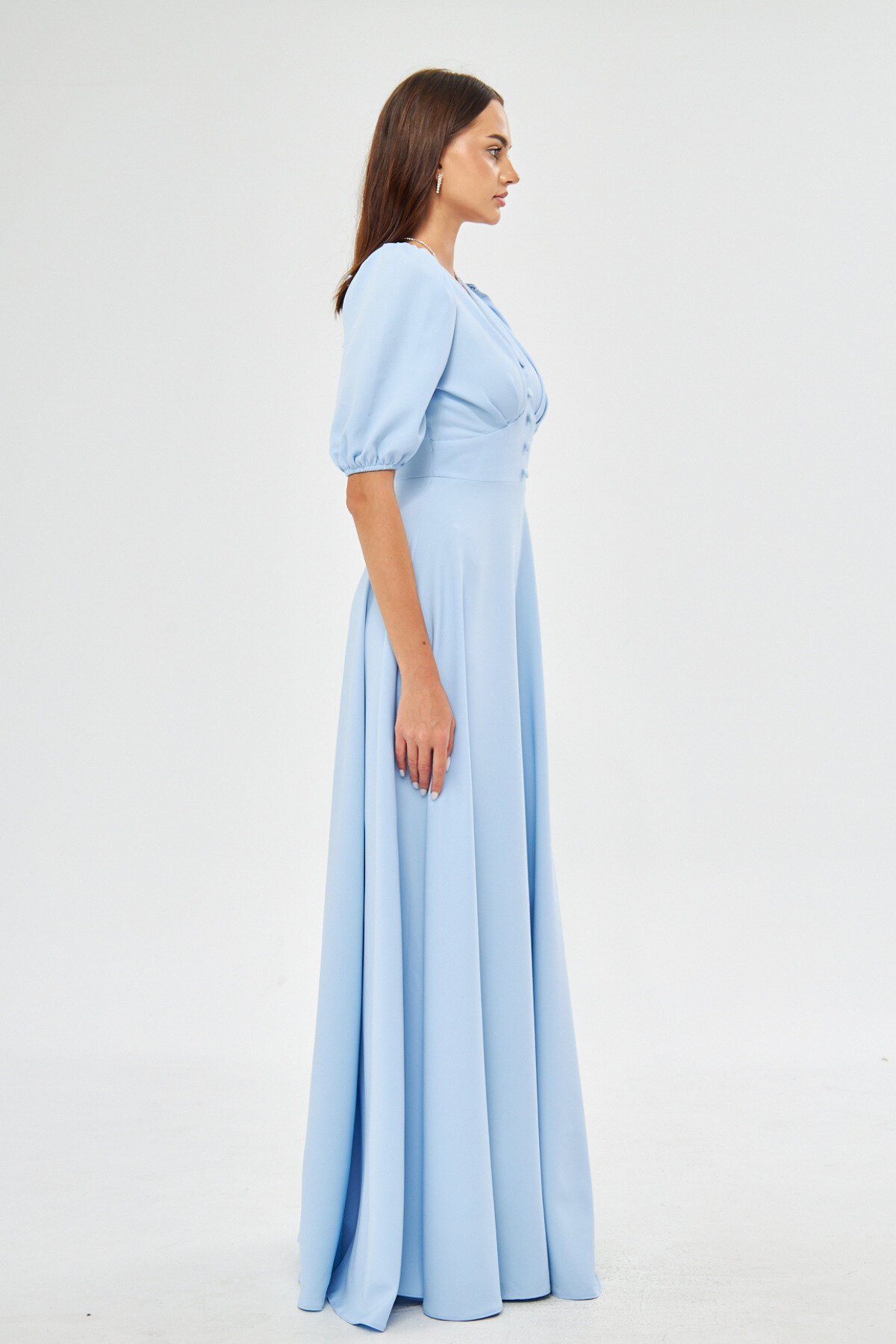 Long V-Neck Balloon Sleeve Corsage Belt Detail Bust Pleated Evening Dress - Baby Blue - Bidoluelbise
