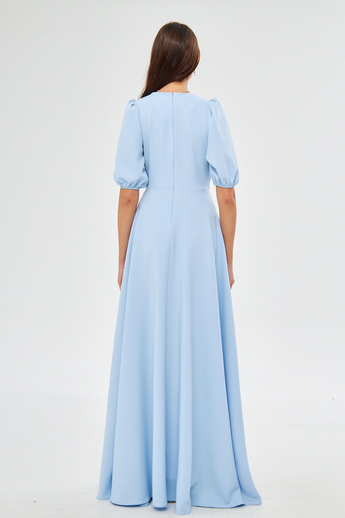 Long V-Neck Balloon Sleeve Corsage Belt Detail Bust Pleated Evening Dress - Baby Blue - Bidoluelbise