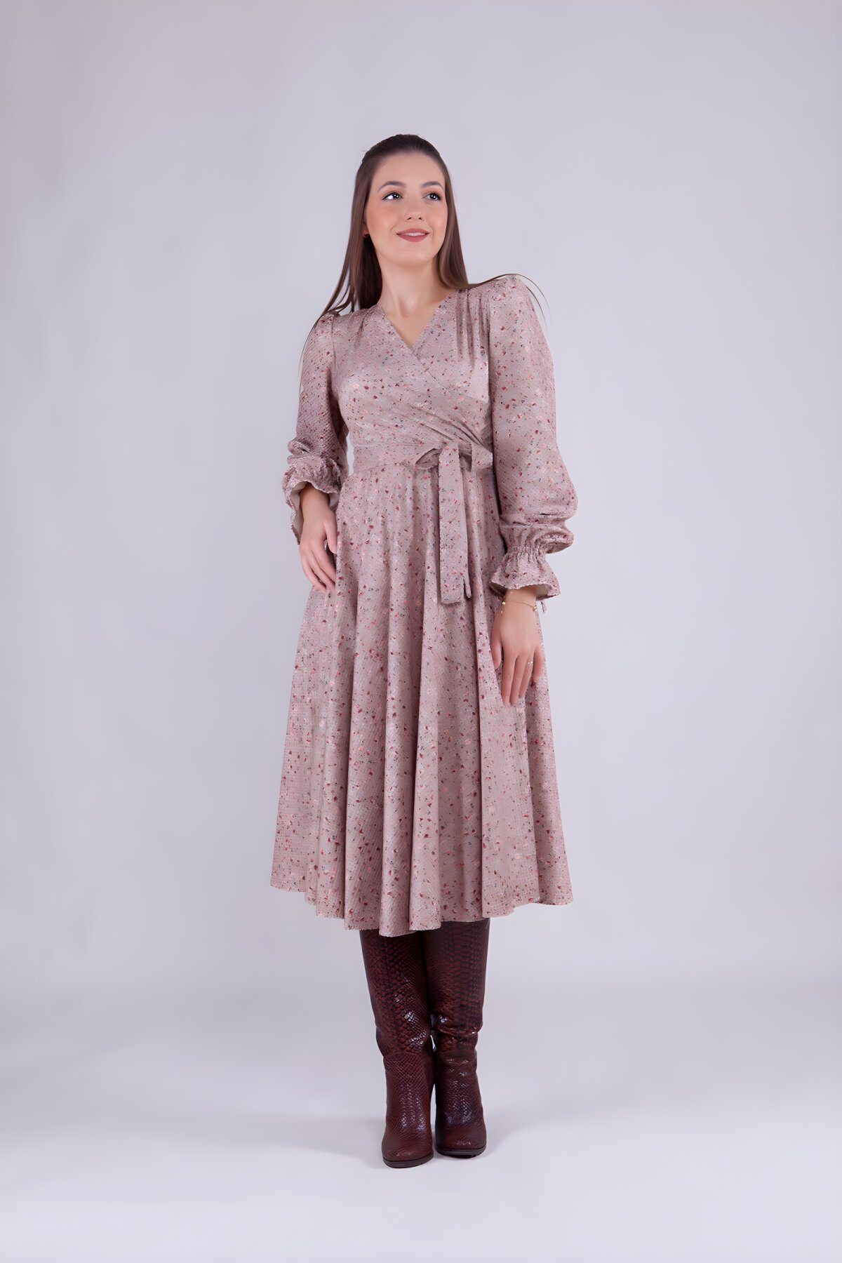 Midi Long Sleeve Floral Patterned Velvet Wrap Neck Dress - Beige - Bidoluelbise