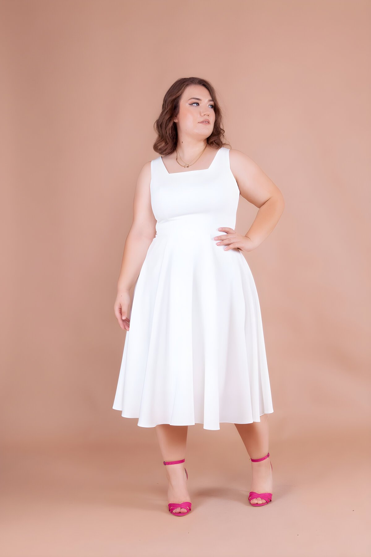 Plus Size Midi Square Neck Dress - White - Bidoluelbise