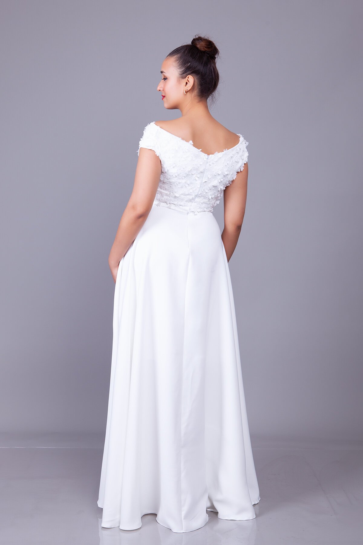 Long Floral Tulle Detail Boat Neck Evening Dress - White - Bidoluelbise