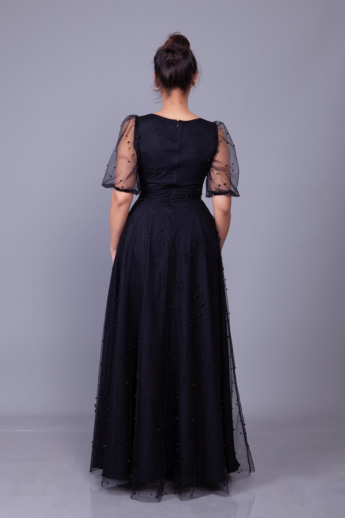 Long Pearl Tulle Overlay Square Neck Balloon Sleeve Evening Dress - White - Bidoluelbise
