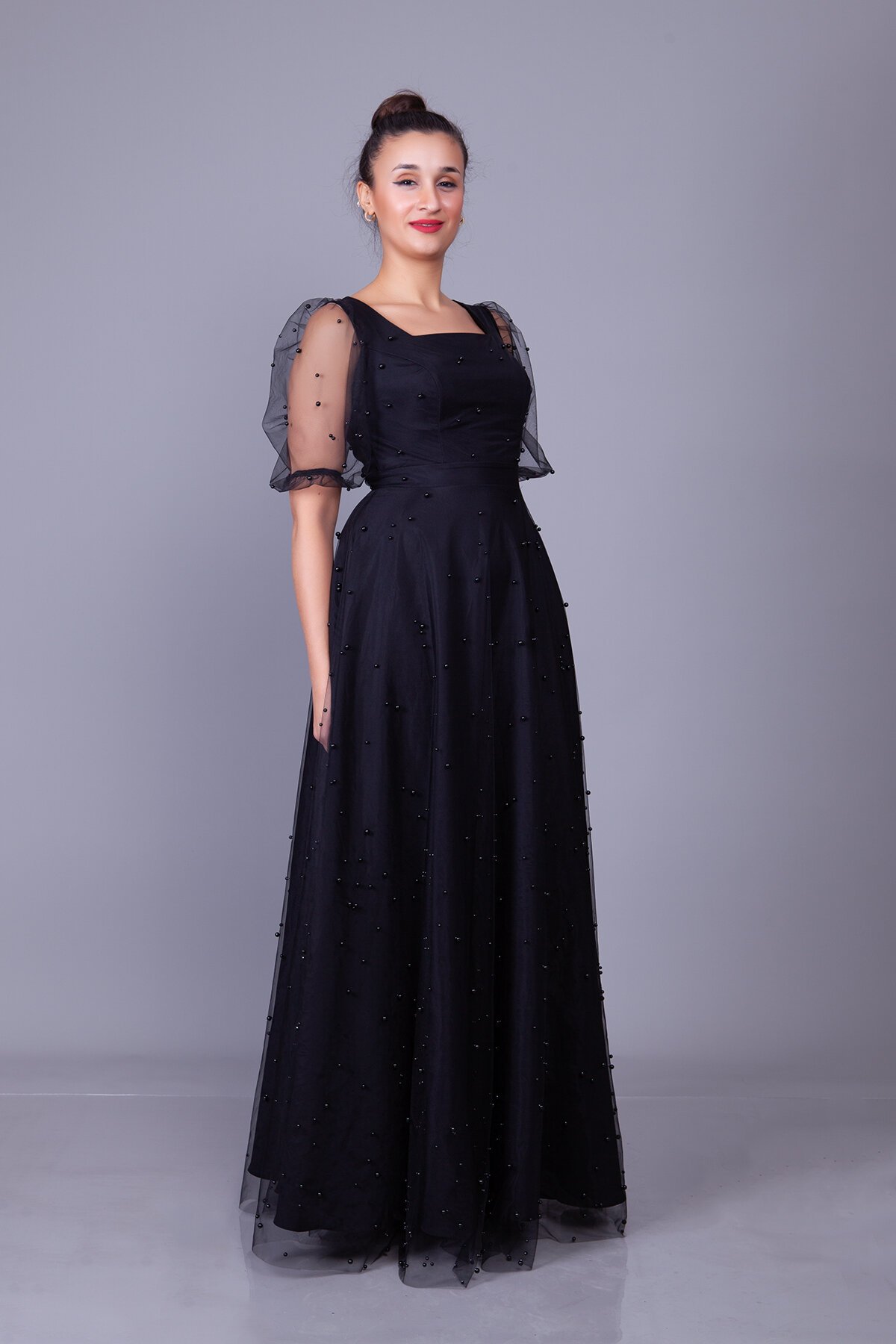 Long Pearl Tulle Overlay Square Neck Balloon Sleeve Evening Dress - White - Bidoluelbise