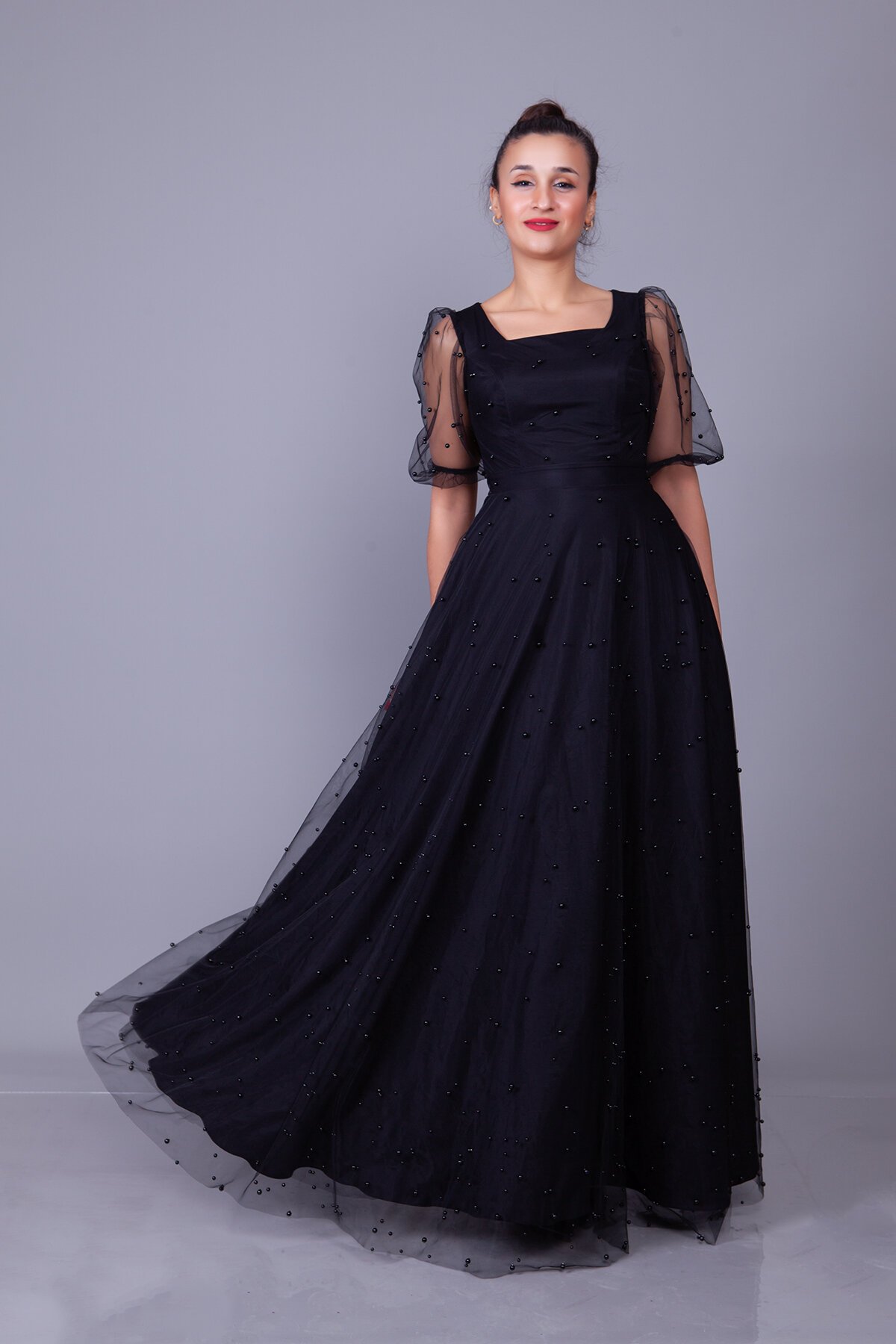 Long Pearl Tulle Overlay Square Neck Balloon Sleeve Evening Dress - White - Bidoluelbise