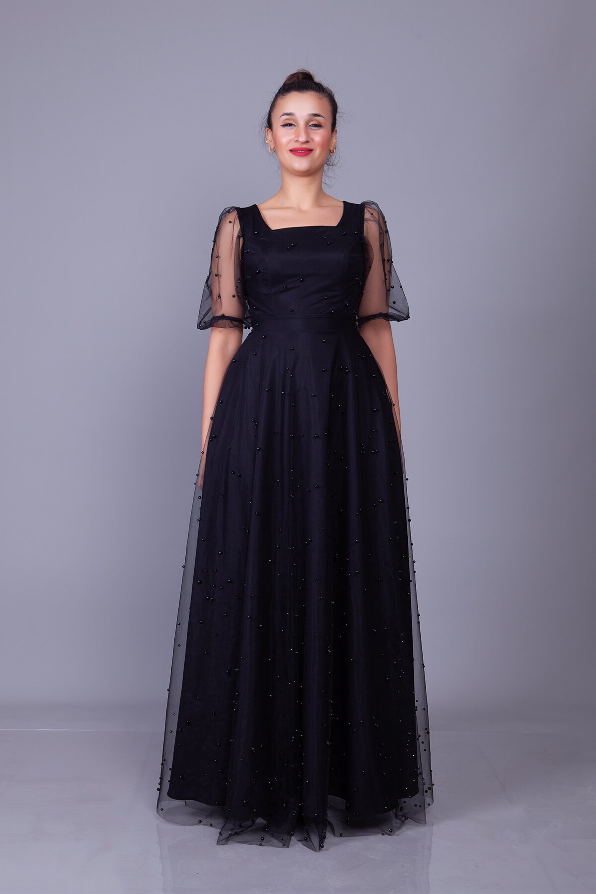 Long Pearl Tulle Overlay Square Neck Balloon Sleeve Evening Dress - White - Bidoluelbise