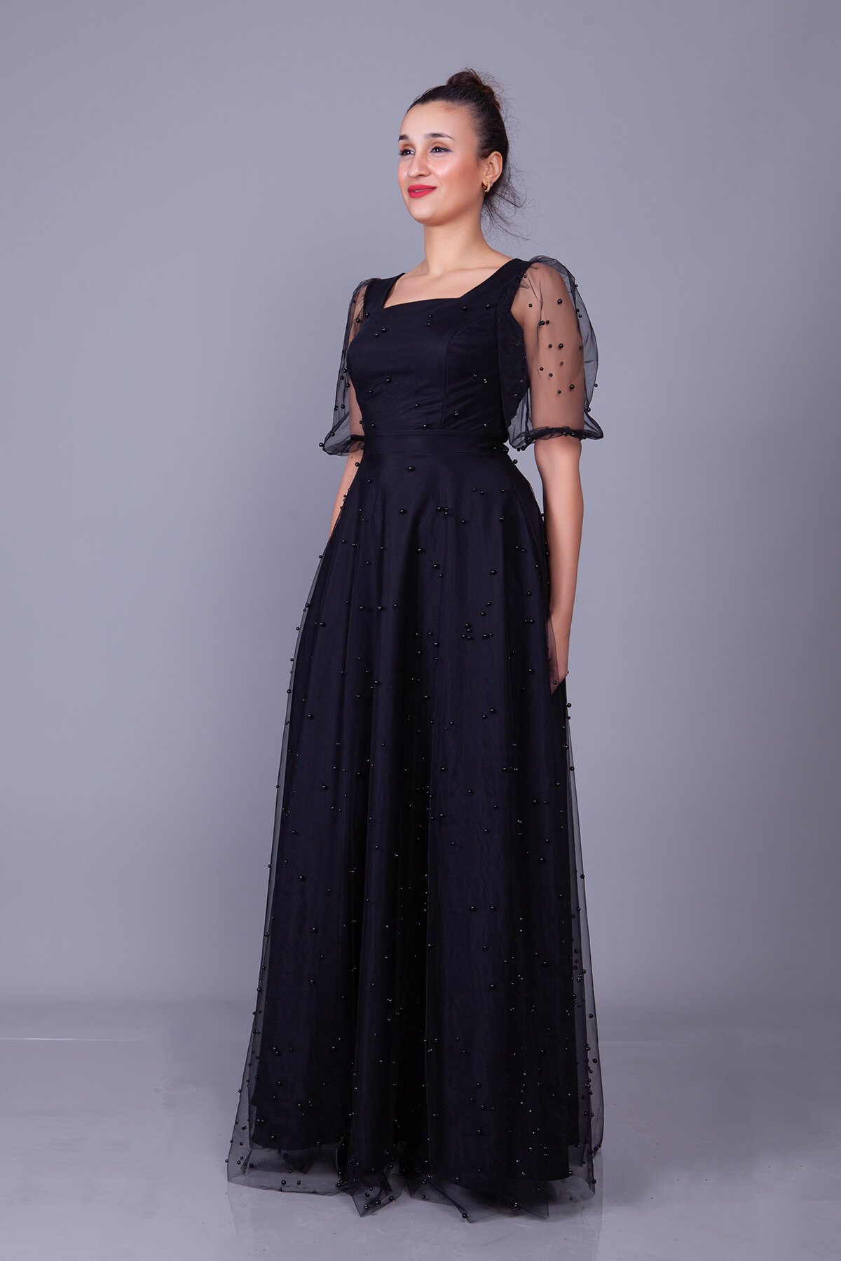 Long Pearl Tulle Overlay Square Neck Balloon Sleeve Evening Dress - White - Bidoluelbise