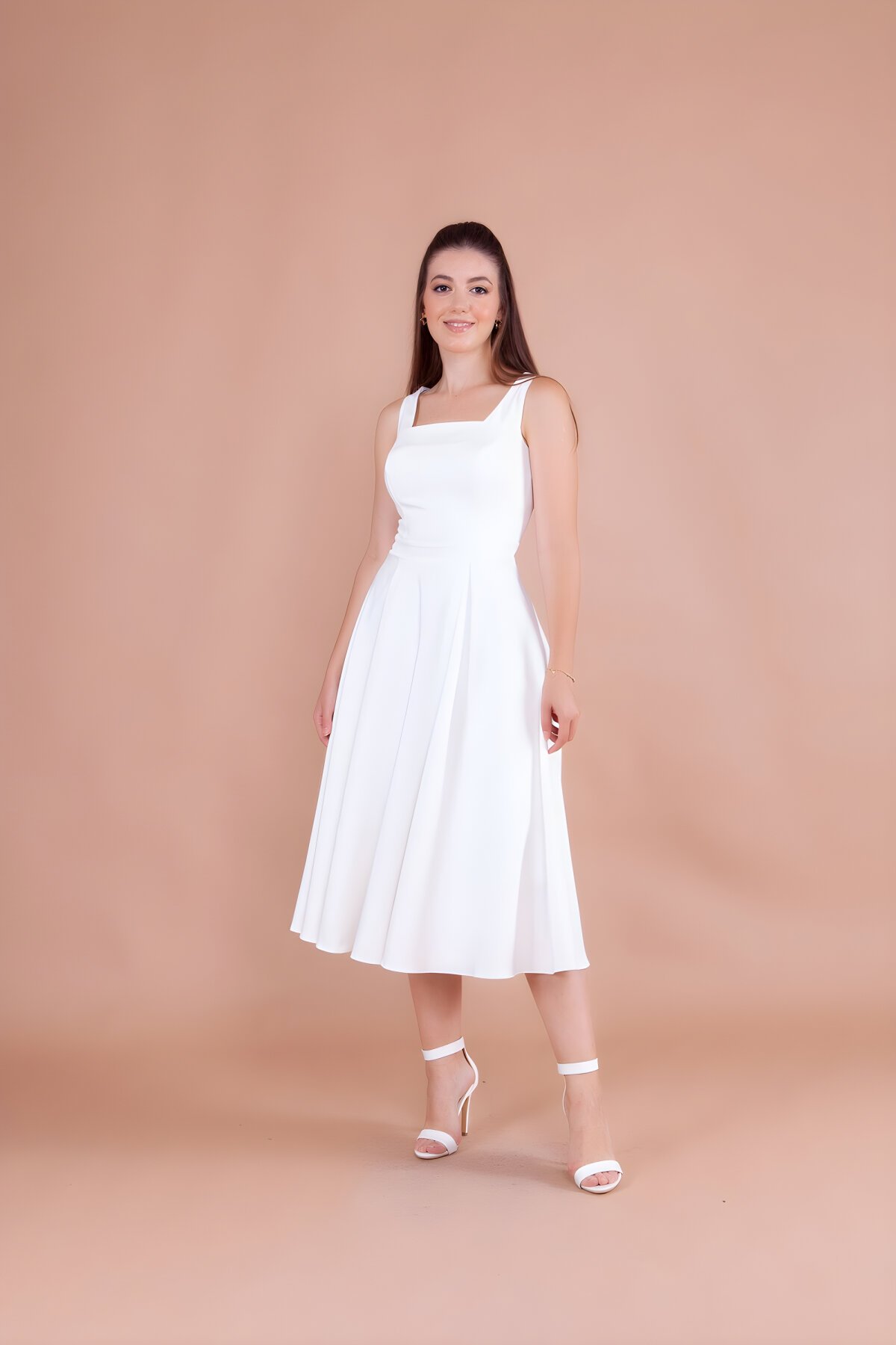 Midi Square Neck Dress - White - Bidoluelbise
