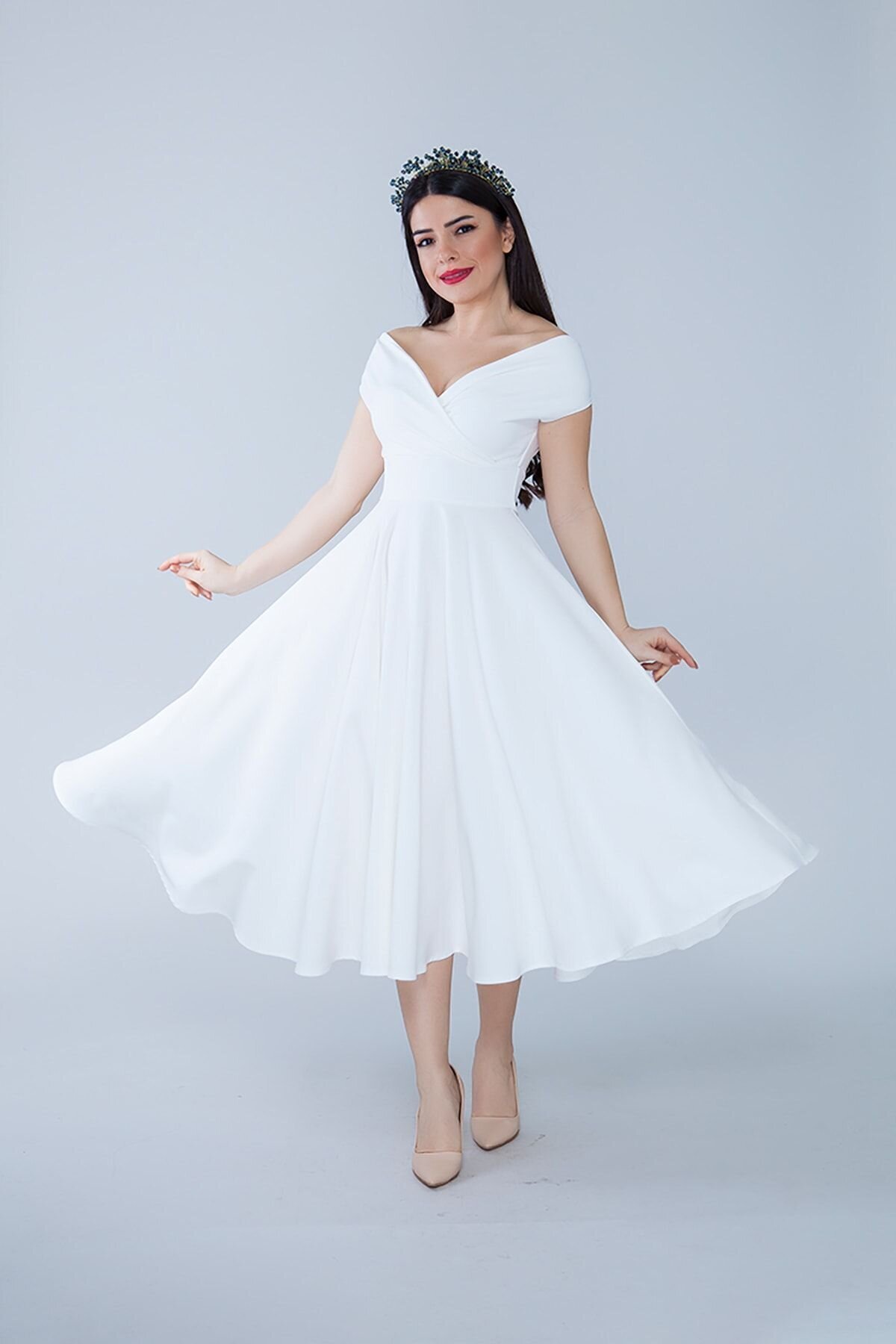 Beyaz Midi Kloş Kayık Yaka Dokuma Abiye Elbise - Bidoluelbise