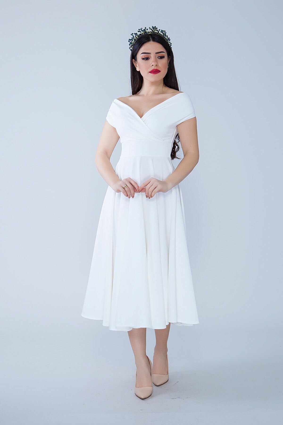 Midi Flared Woven Boat Neck Evening Dress - White - Bidoluelbise
