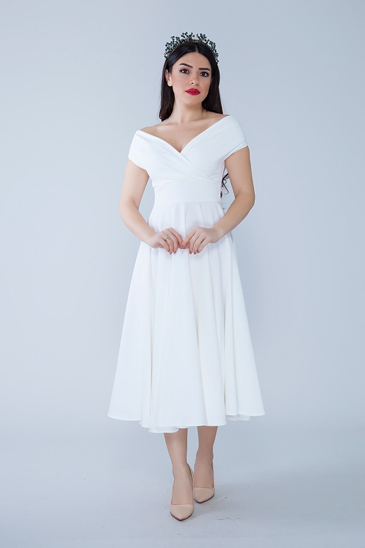 Midi Flared Woven Boat Neck Evening Dress - White - Bidoluelbise