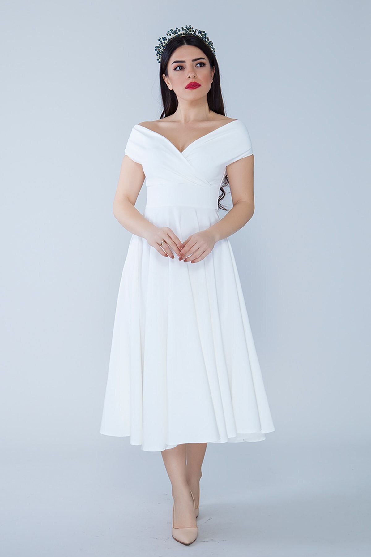 Midi Flared Woven Boat Neck Evening Dress - White - Bidoluelbise