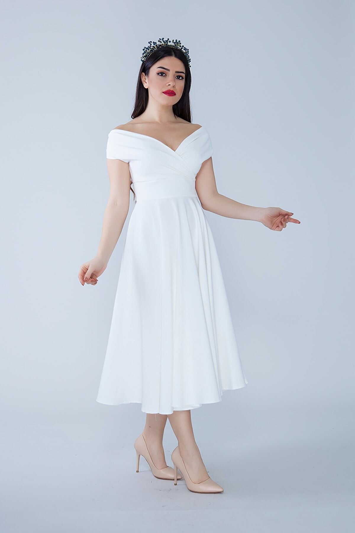 Midi Flared Woven Boat Neck Evening Dress - White - Bidoluelbise